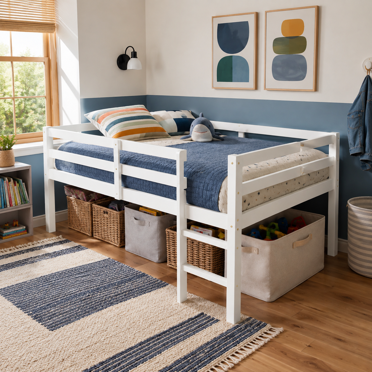 Ivara white loft bed showing a side bedroom view with open space beneath the bed
