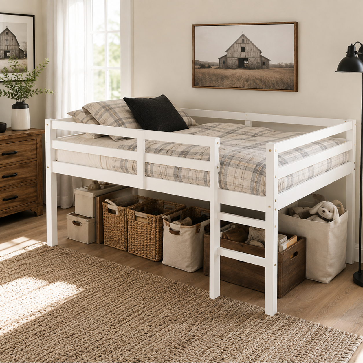 Ivara white loft bed showing a low loft setup with baskets stored beneath the frame