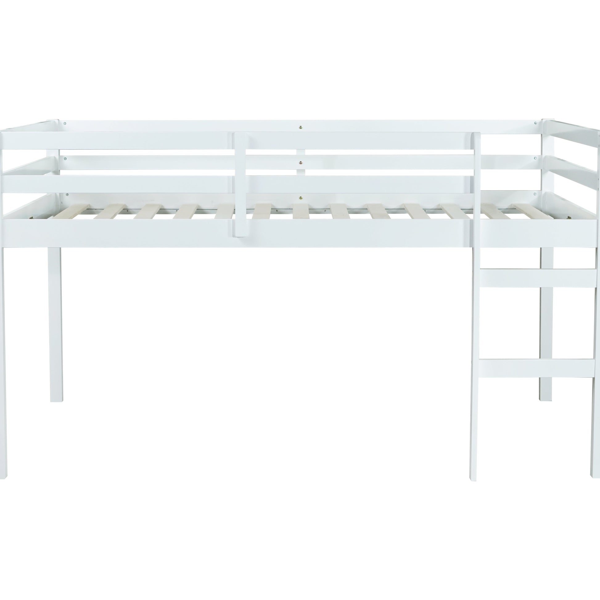 Ivara white loft bed showing the front view with full-length guardrails on white background