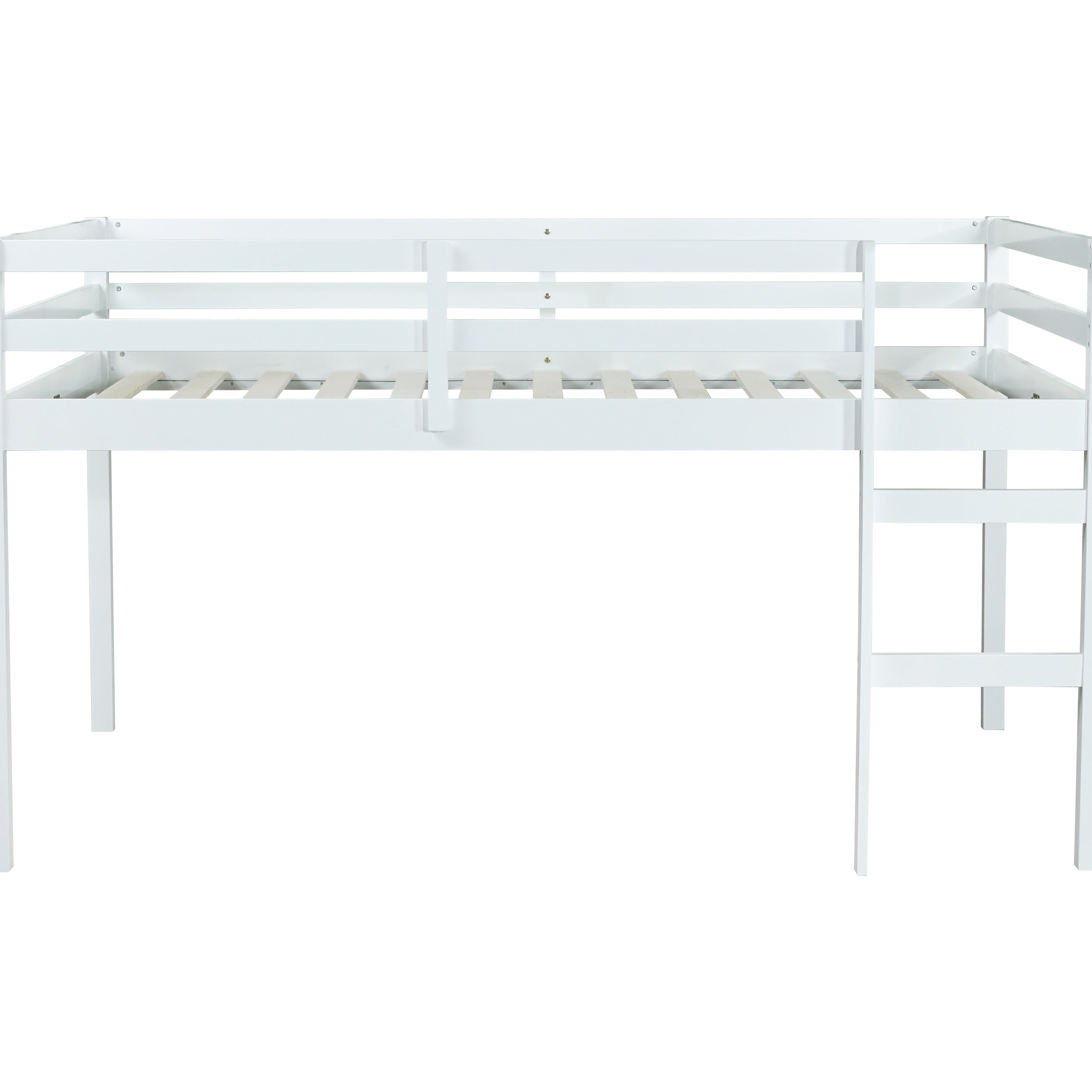 Ivara white loft bed showing the front view with full-length guardrails on white background