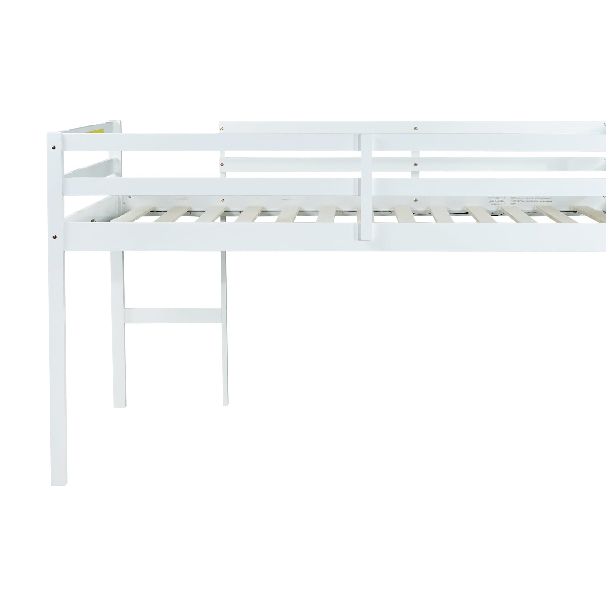 Ivara white loft bed showing the rear view with full-length guardrails on white background