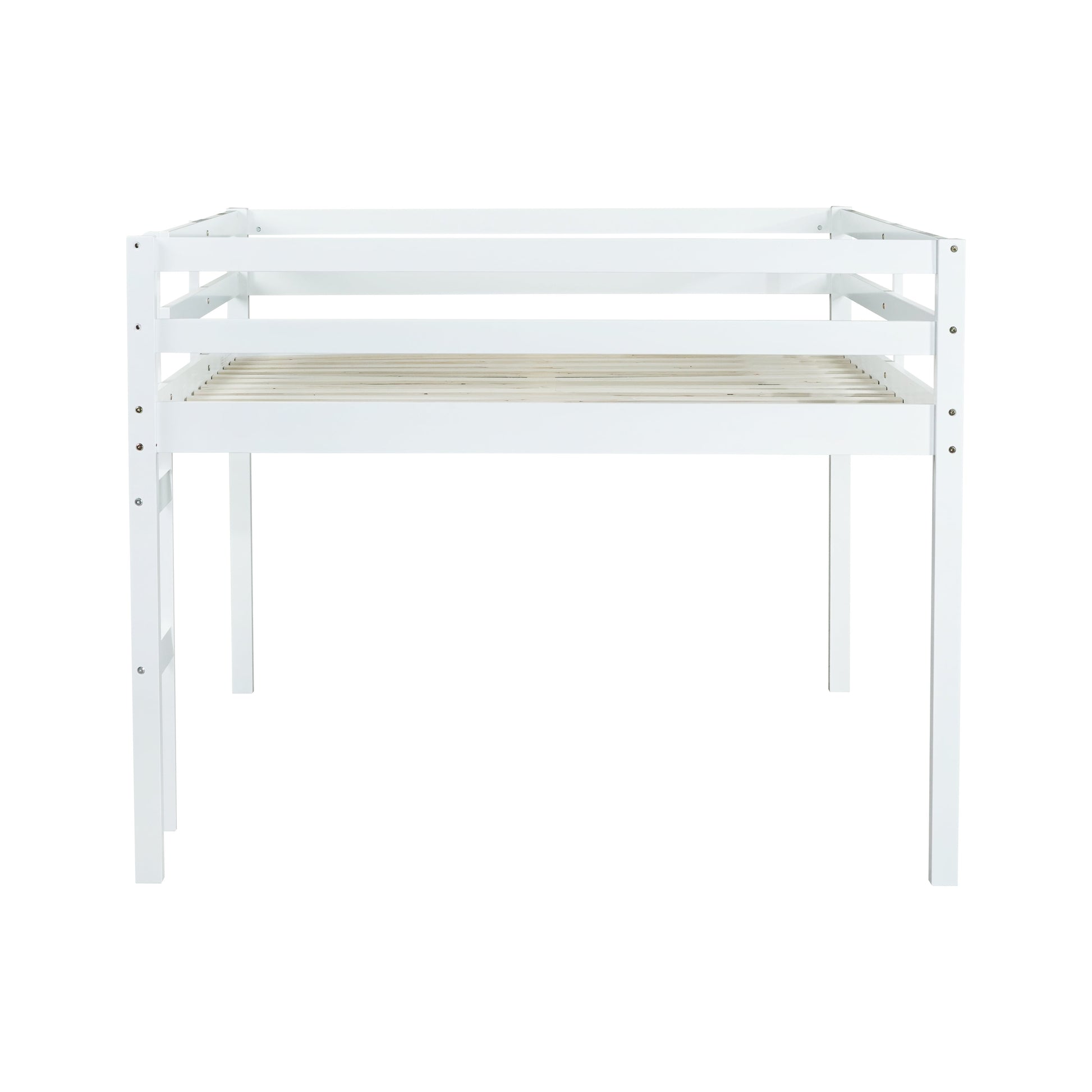 Ivara white loft bed showing the side view with open underbed space on white background