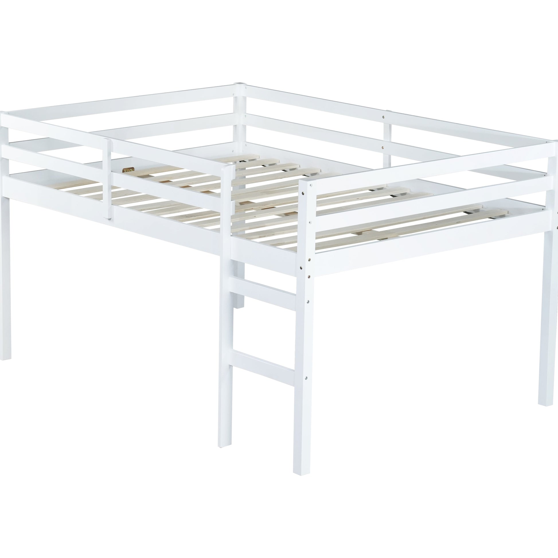 Ivara white loft bed showing the rear angled view with solid wood frame on white background