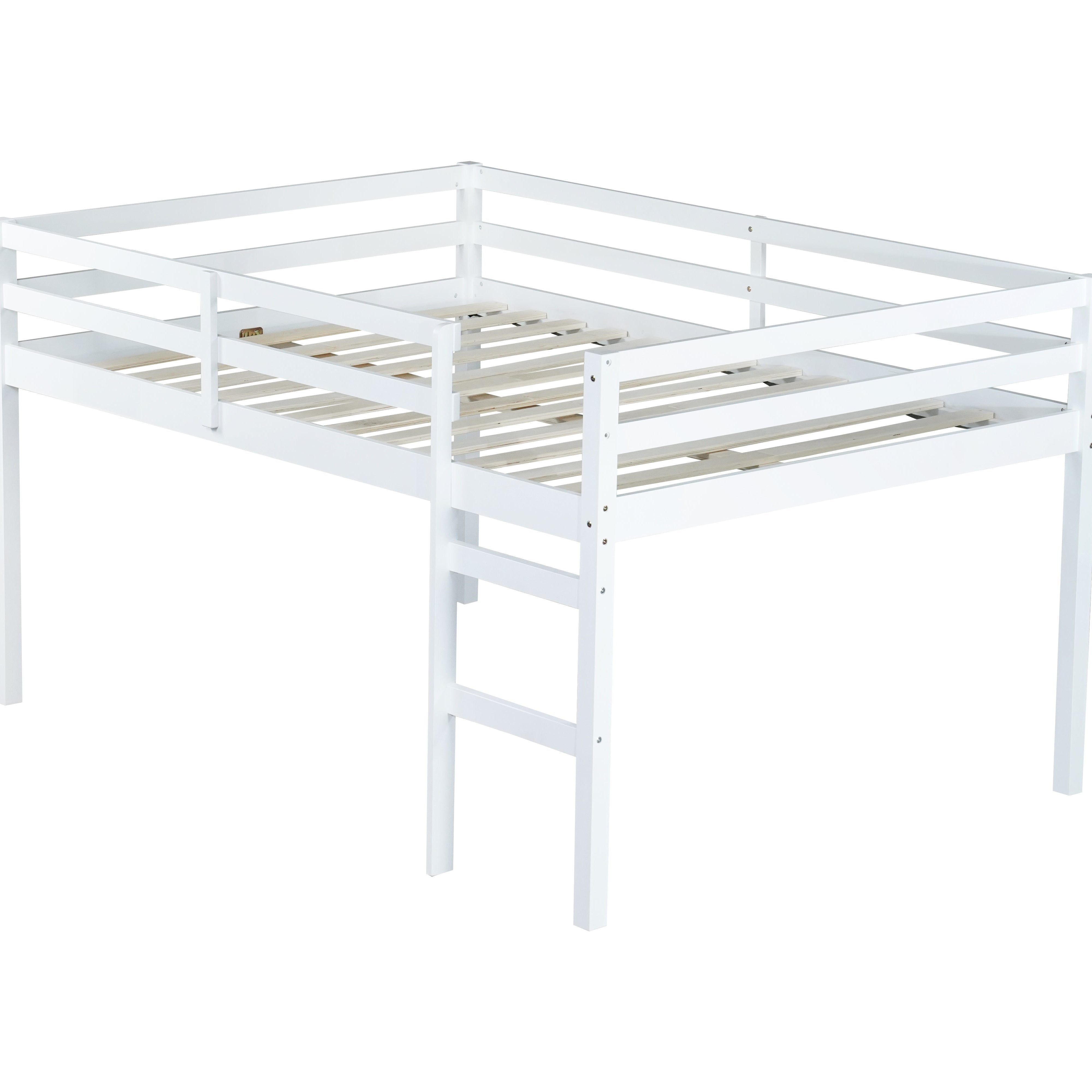 Ivara white loft bed showing the rear angled view with solid wood frame on white background