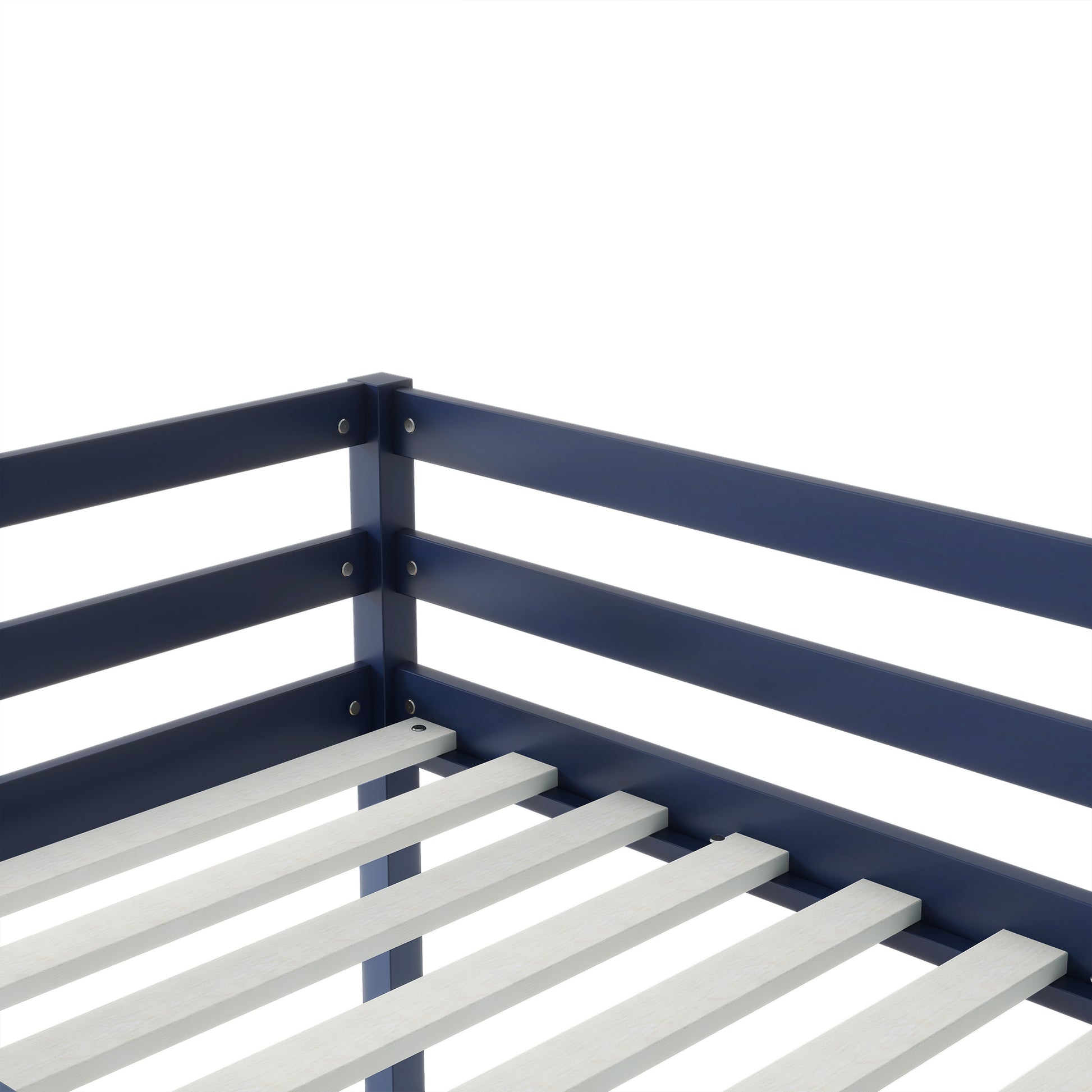 Ivara blue low loft bed showing full-length guardrail and slat detail