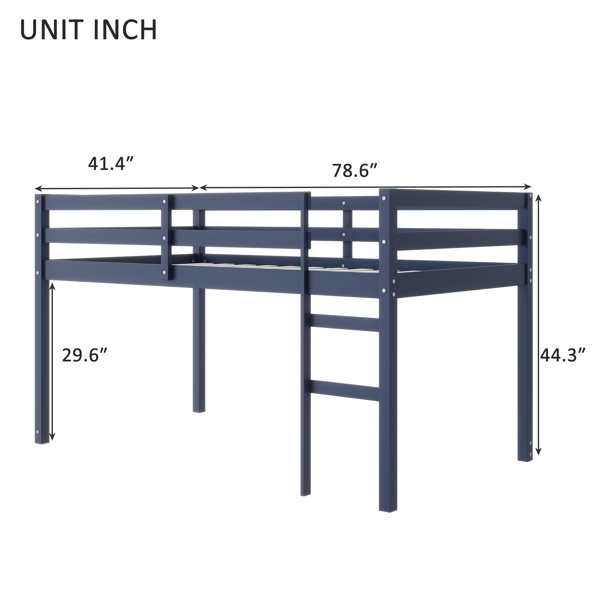 Ivara blue low loft bed showing dimensions