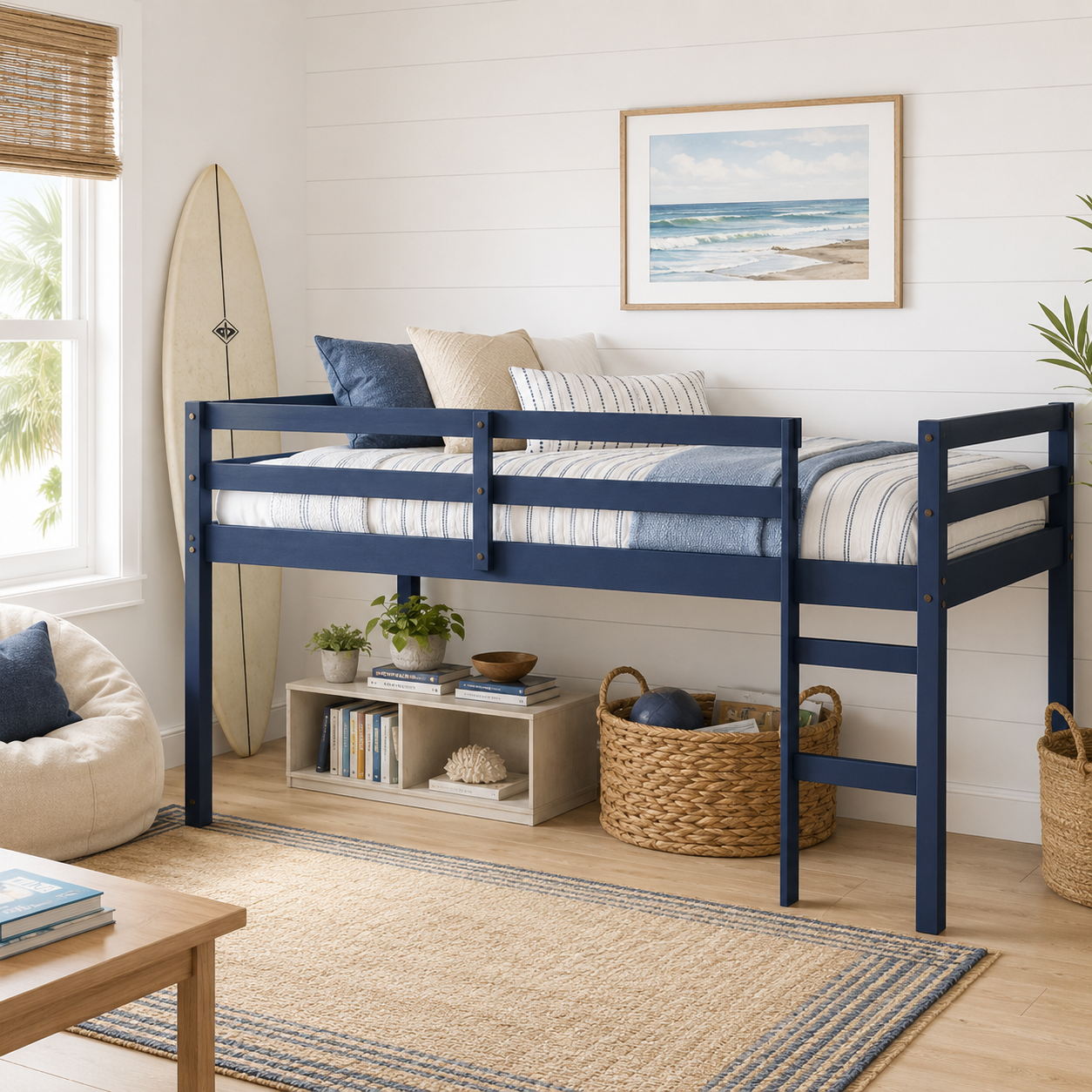 Ivara blue twin size low loft bed in a kids bedroom with shelf storage and striped bedding