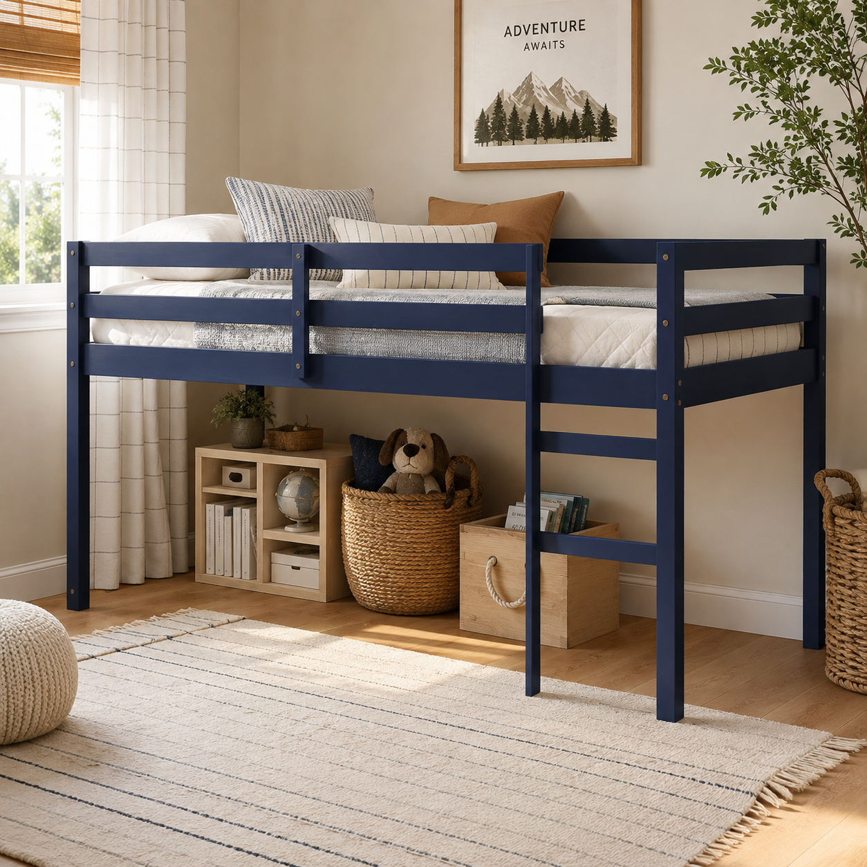 Ivara blue twin size low loft bed in a cozy bedroom with a rug and wall art