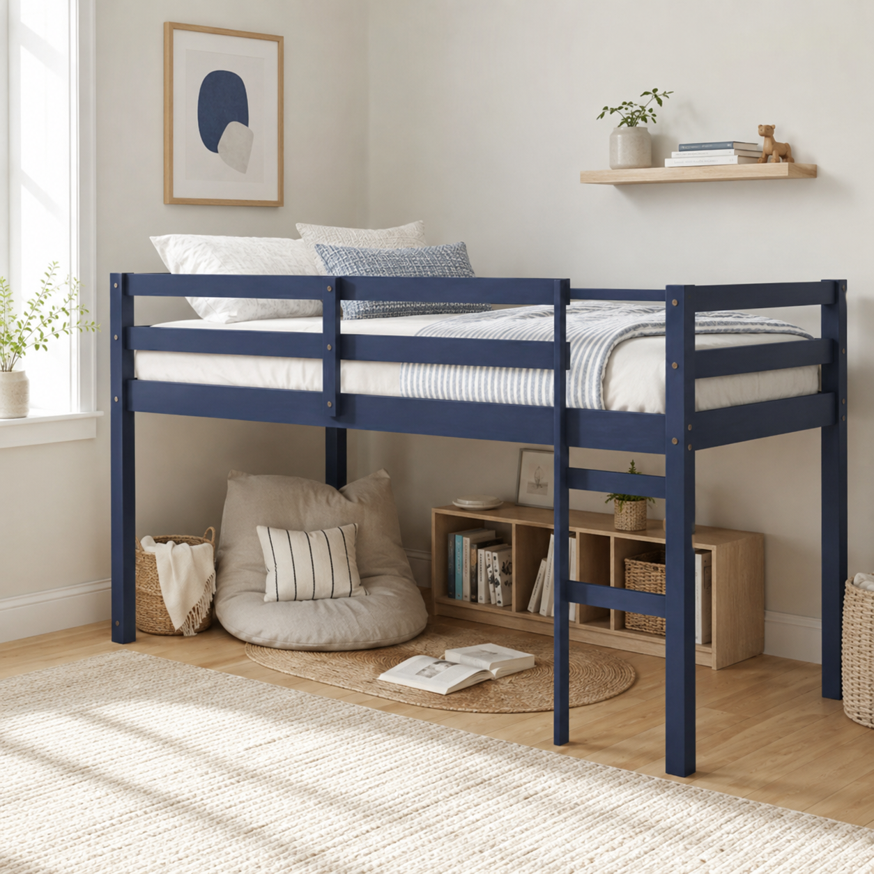 Ivara blue twin size low loft bed in a warm room with underbed storage space