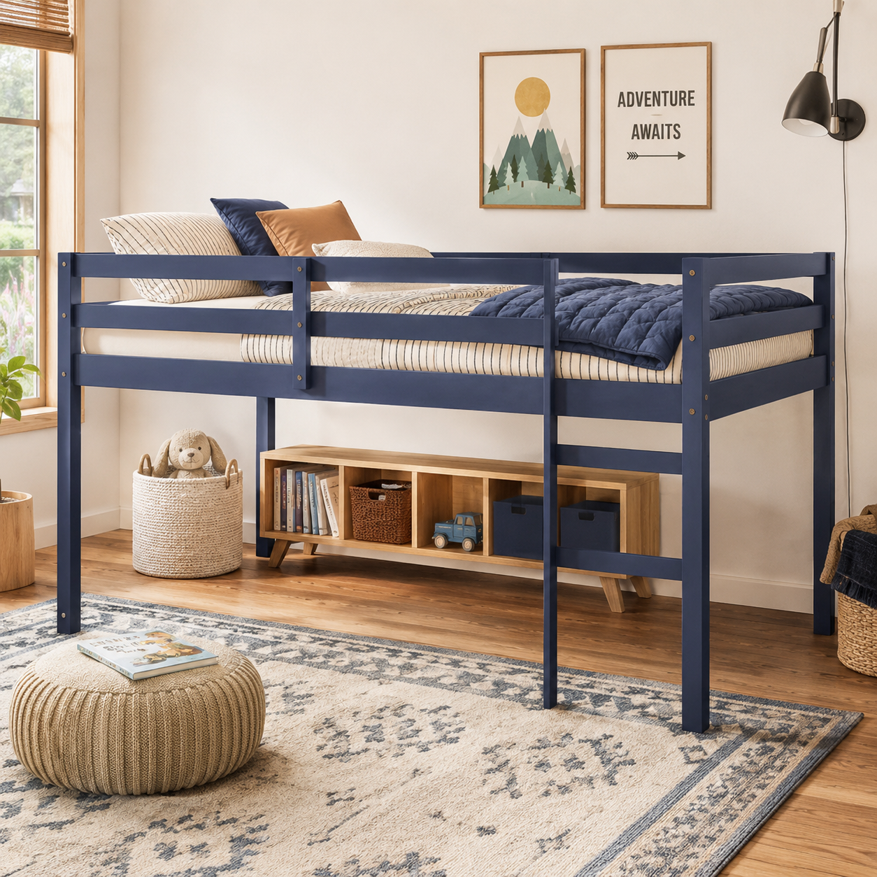 Ivara blue twin size low loft bed in a warm room with underbed storage space