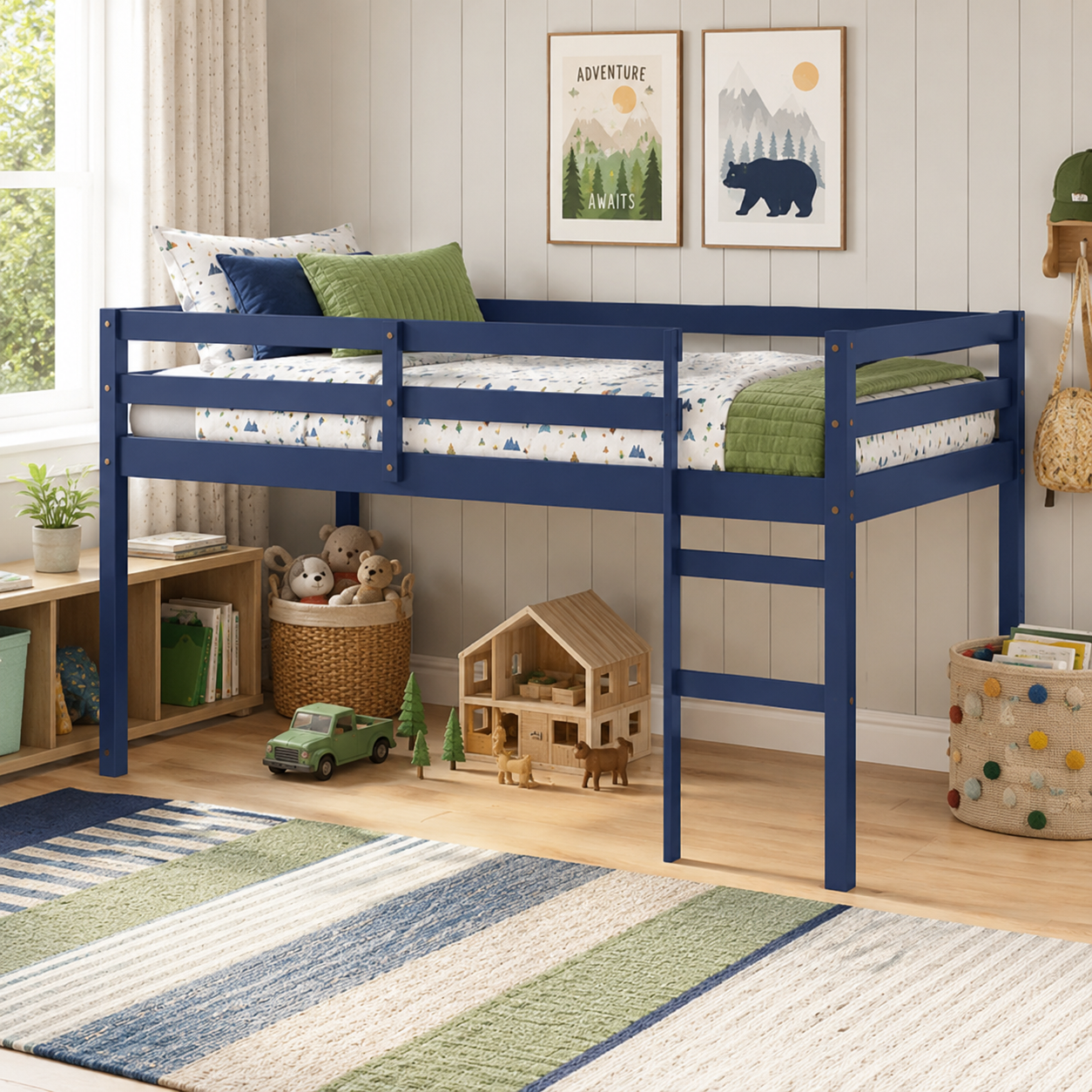 Ivara blue twin size low loft bed in a warm room with underbed storage space