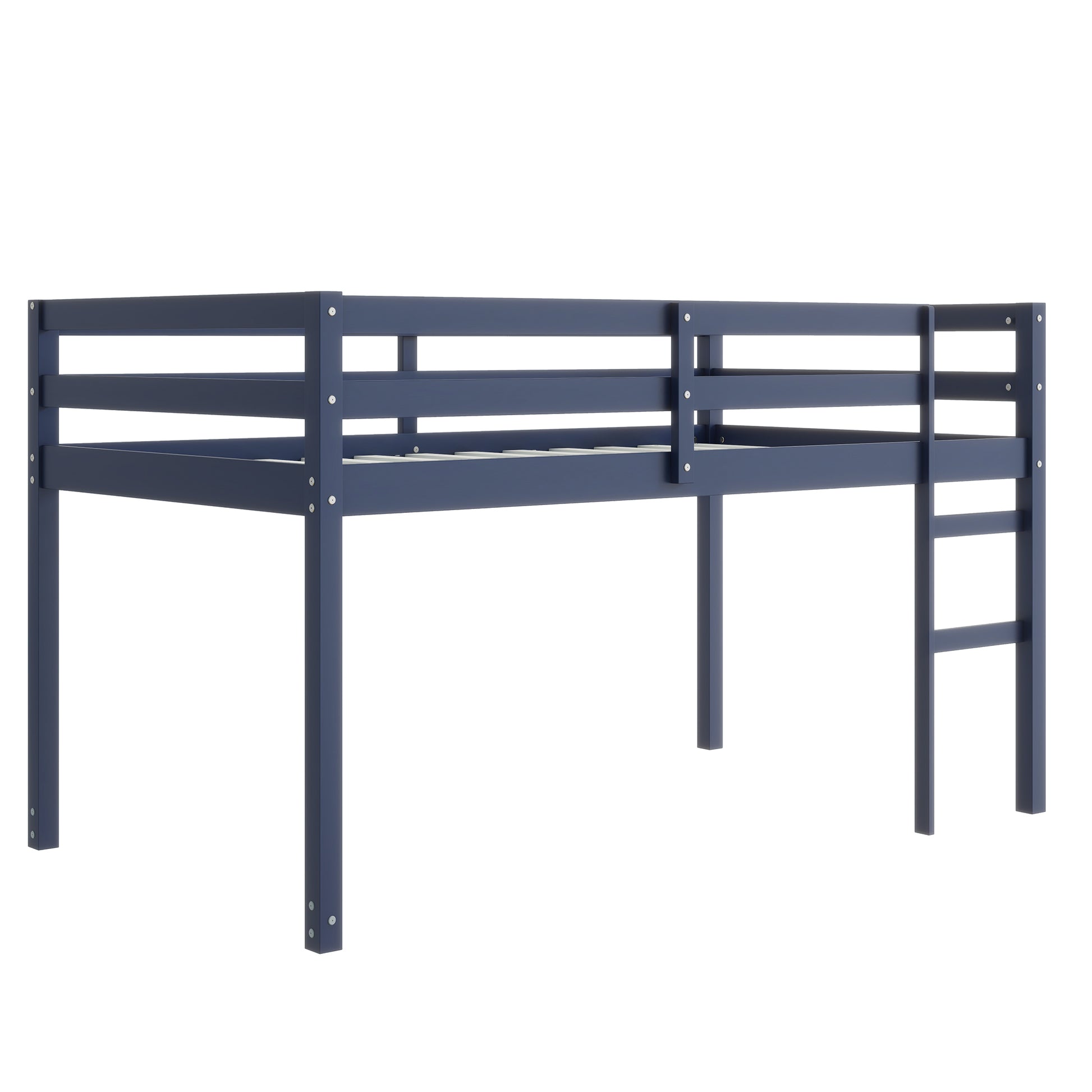 Ivara blue twin size low loft bed angled view on white background