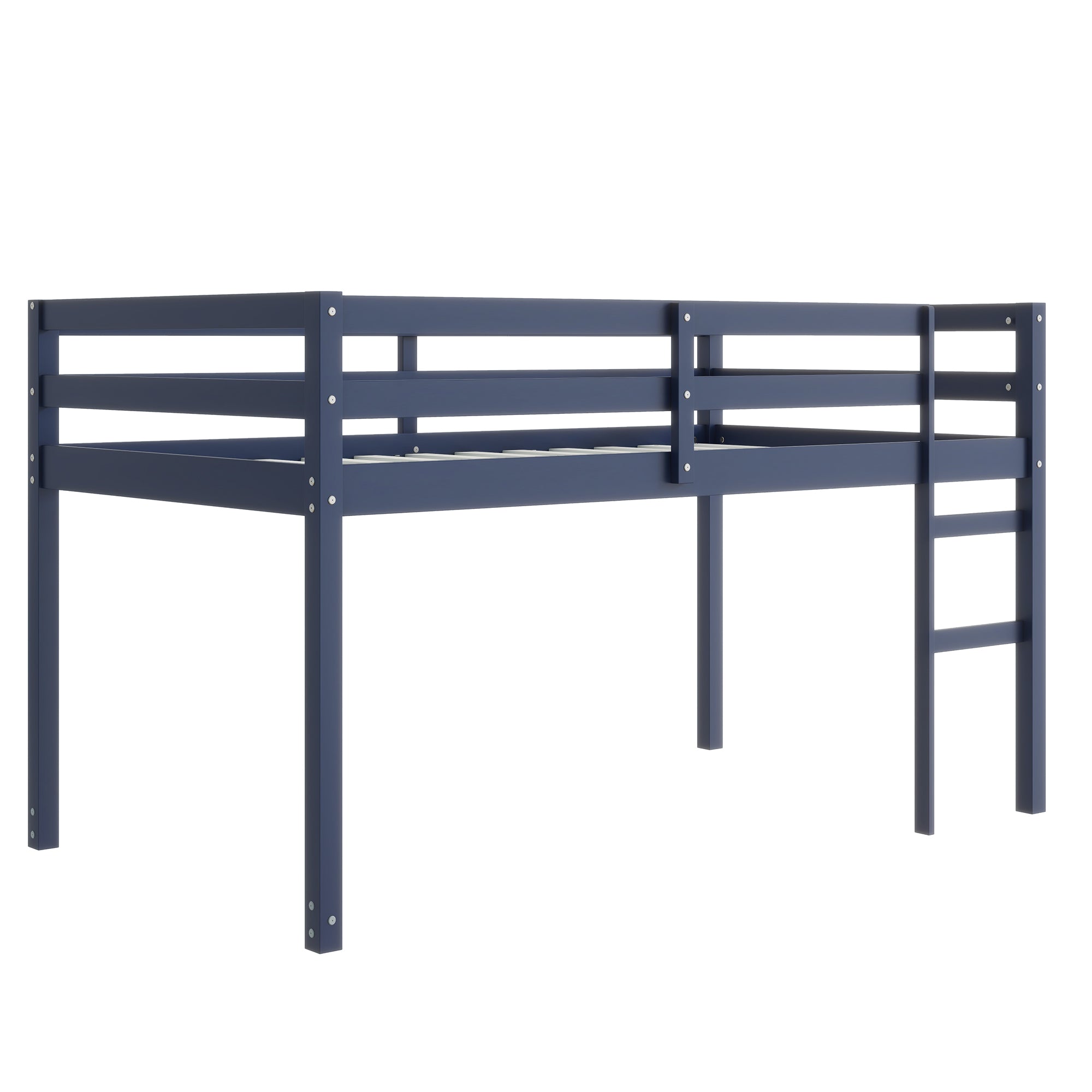 Ivara blue twin size low loft bed angled view on white background