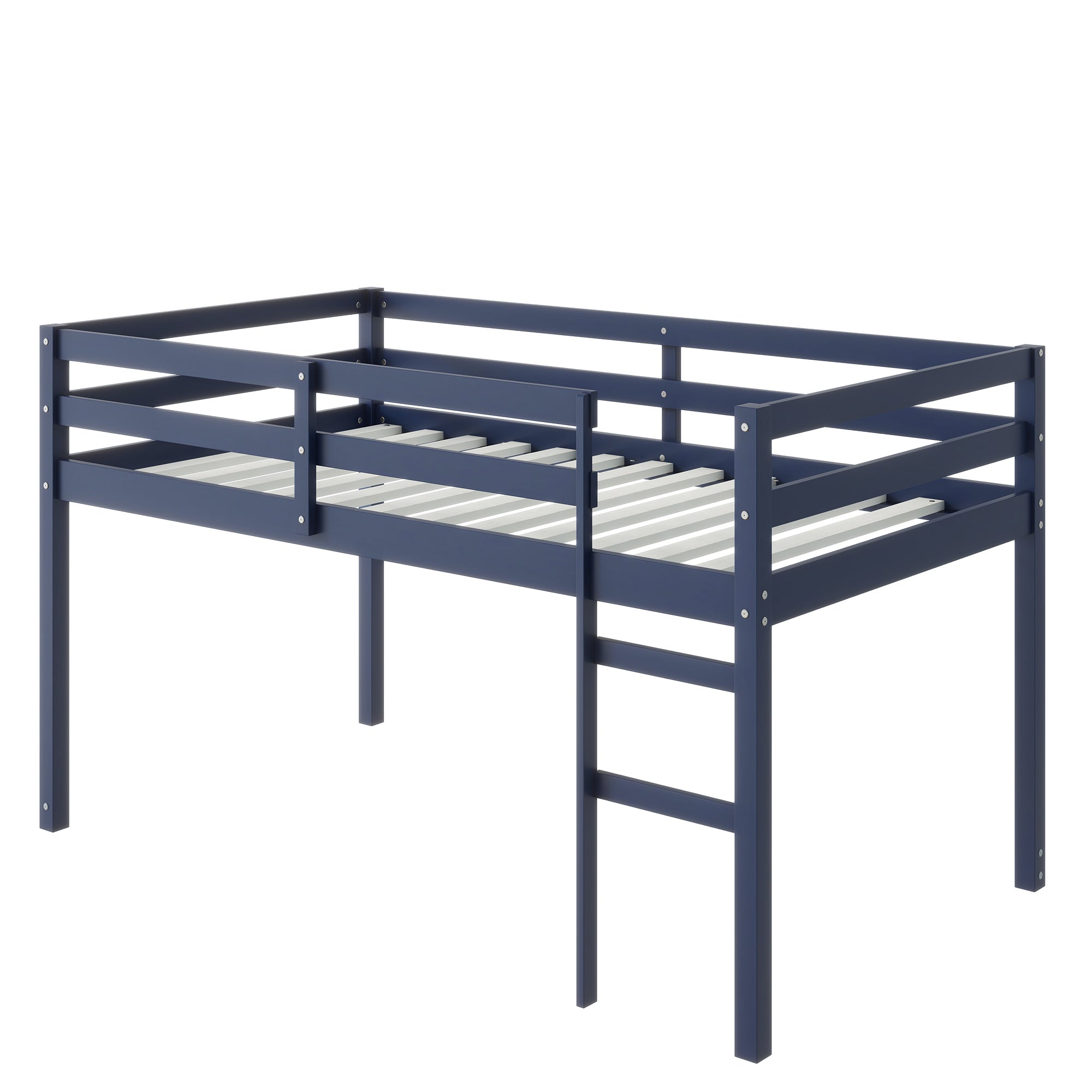 Ivara blue twin size low loft bed angled view on white background