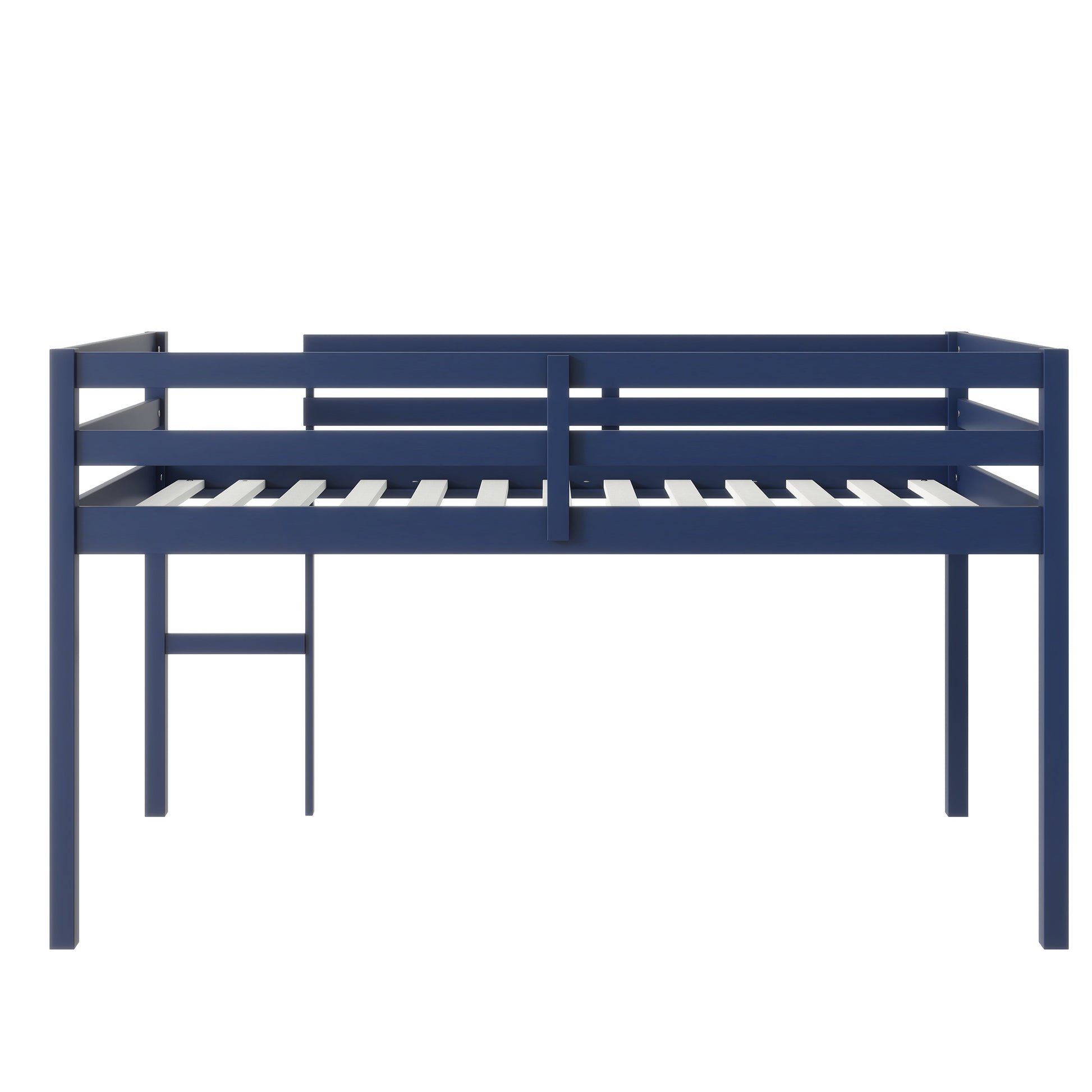 Ivara blue twin size low loft bed rear view on white background