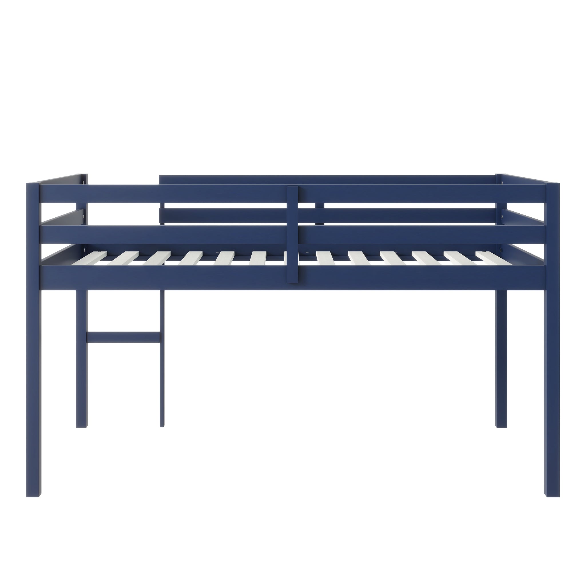 Ivara blue twin size low loft bed rear view on white background