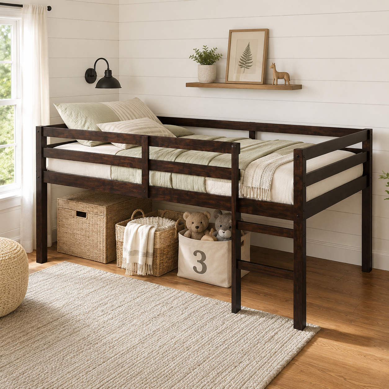 Ivara espresso twin size low loft bed in a cozy bedroom with beige bedding
