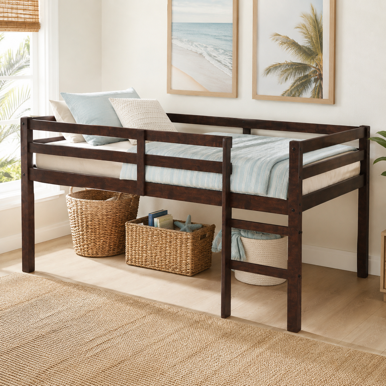 Ivara espresso twin size low loft bed in a bright bedroom with neutral decor