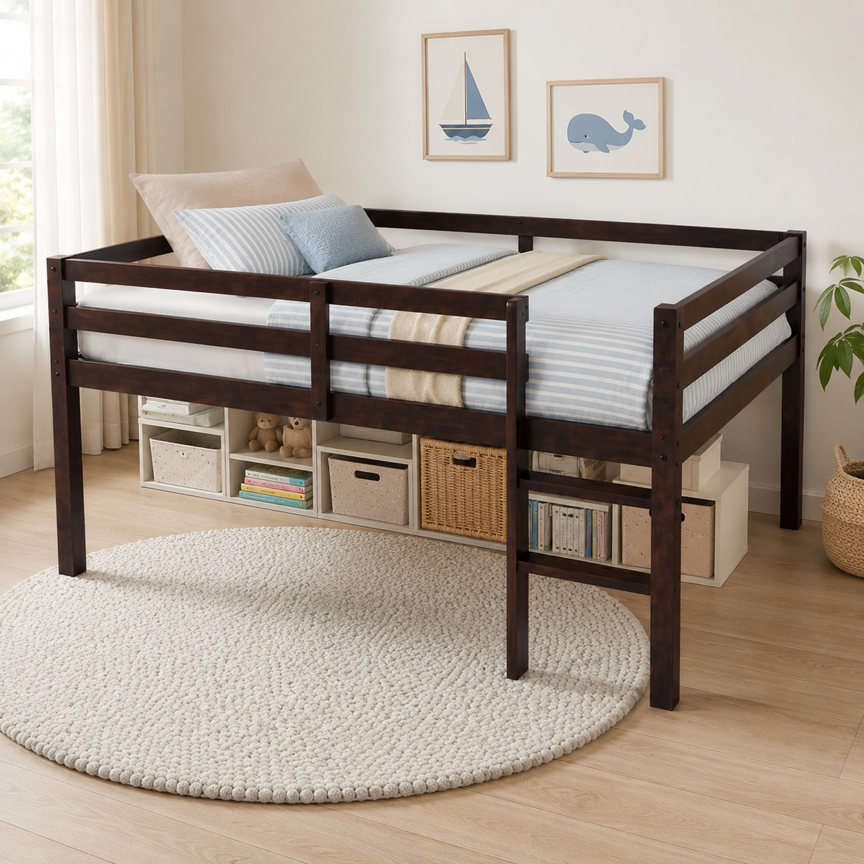 Ivara espresso twin size low loft bed in a warm kids bedroom with full-length guardrails