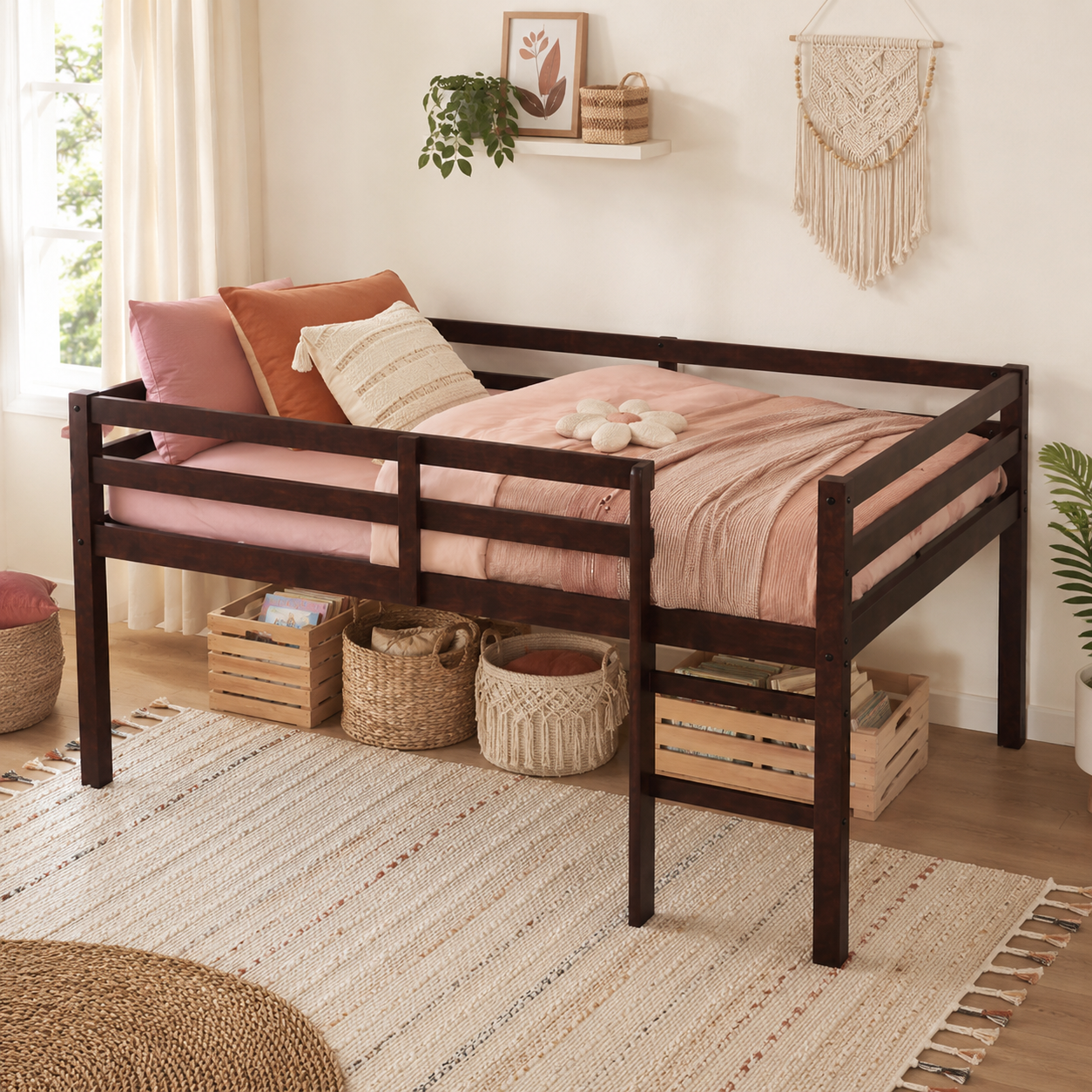 Ivara espresso twin size low loft bed in a warm kids bedroom with full-length guardrails