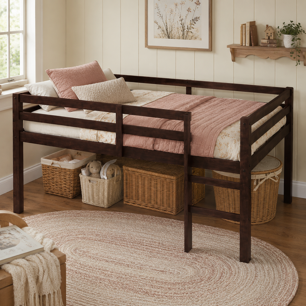 Ivara espresso twin size low loft bed in a warm kids bedroom with full-length guardrails