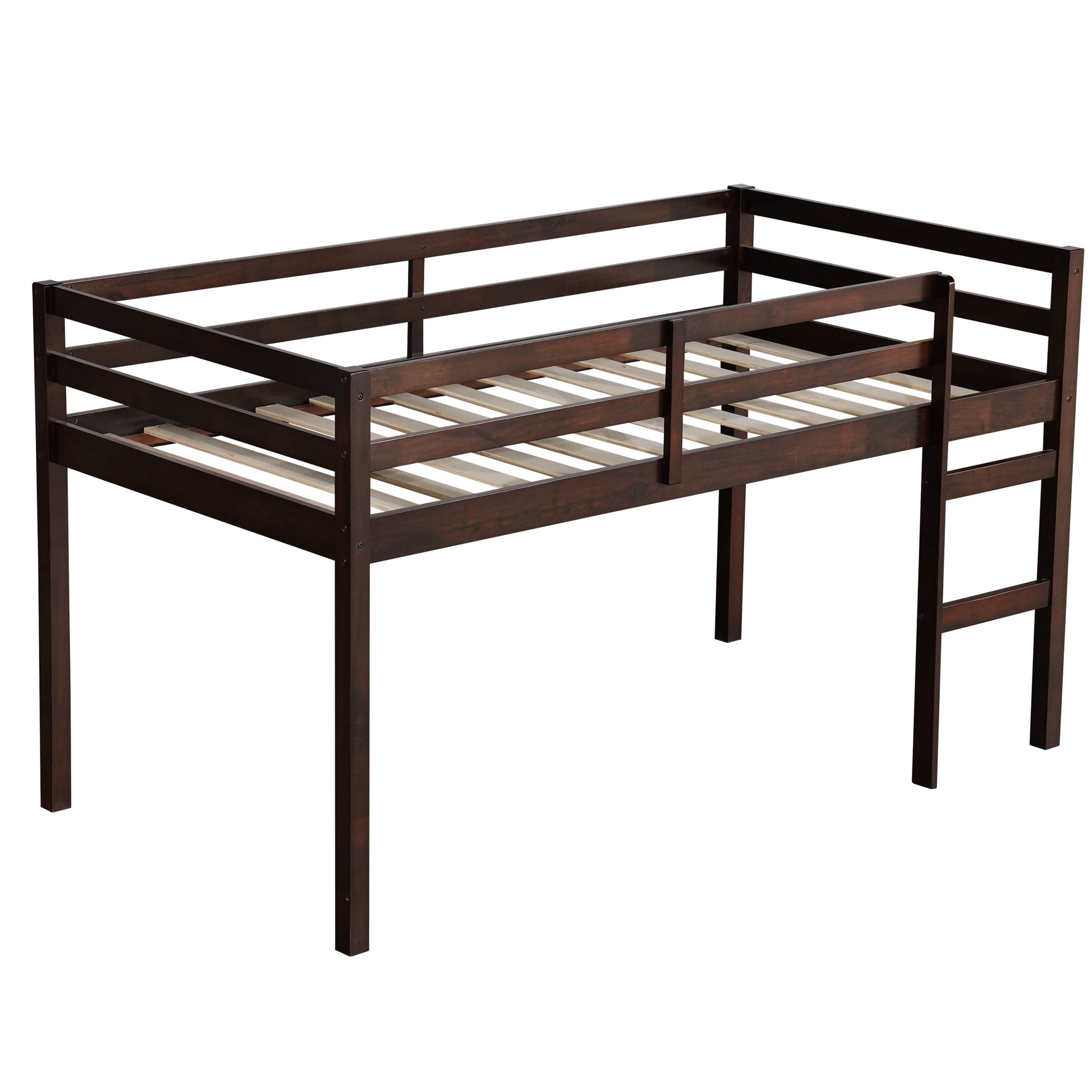 Ivara espresso twin size low loft bed angled view on white background