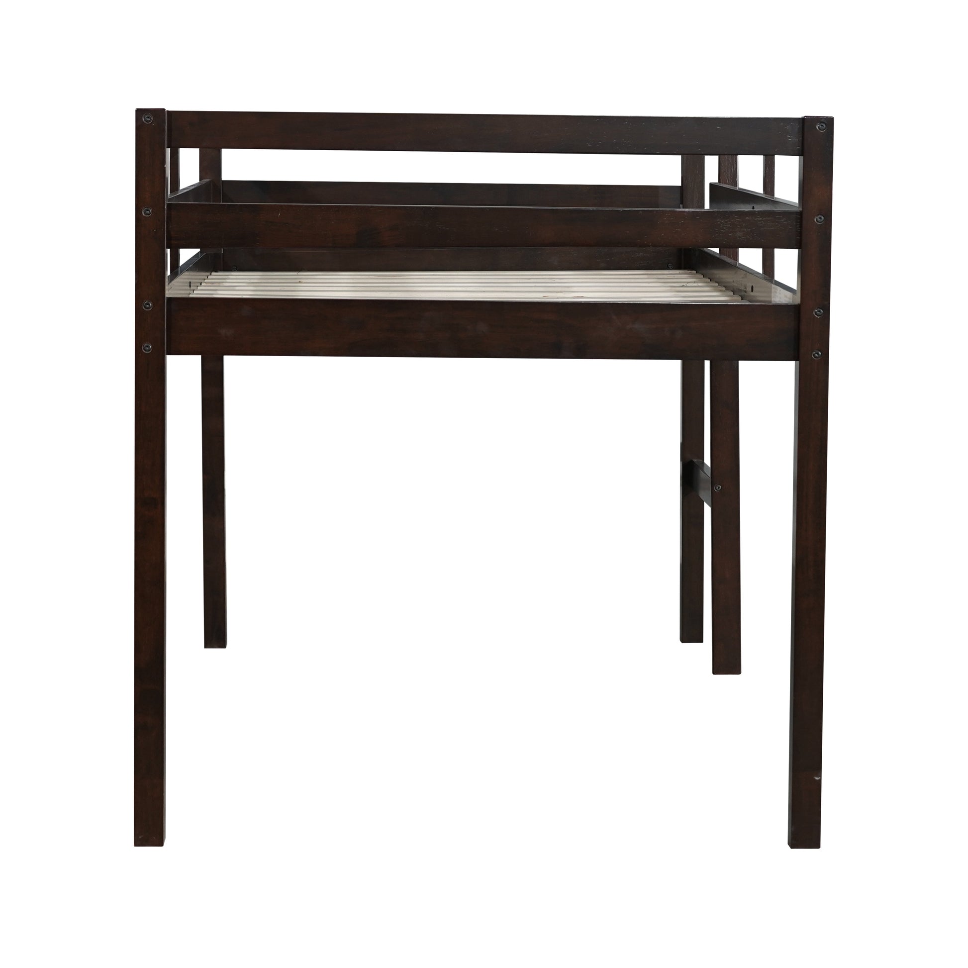 Ivara espresso twin size low loft bed side view on white background