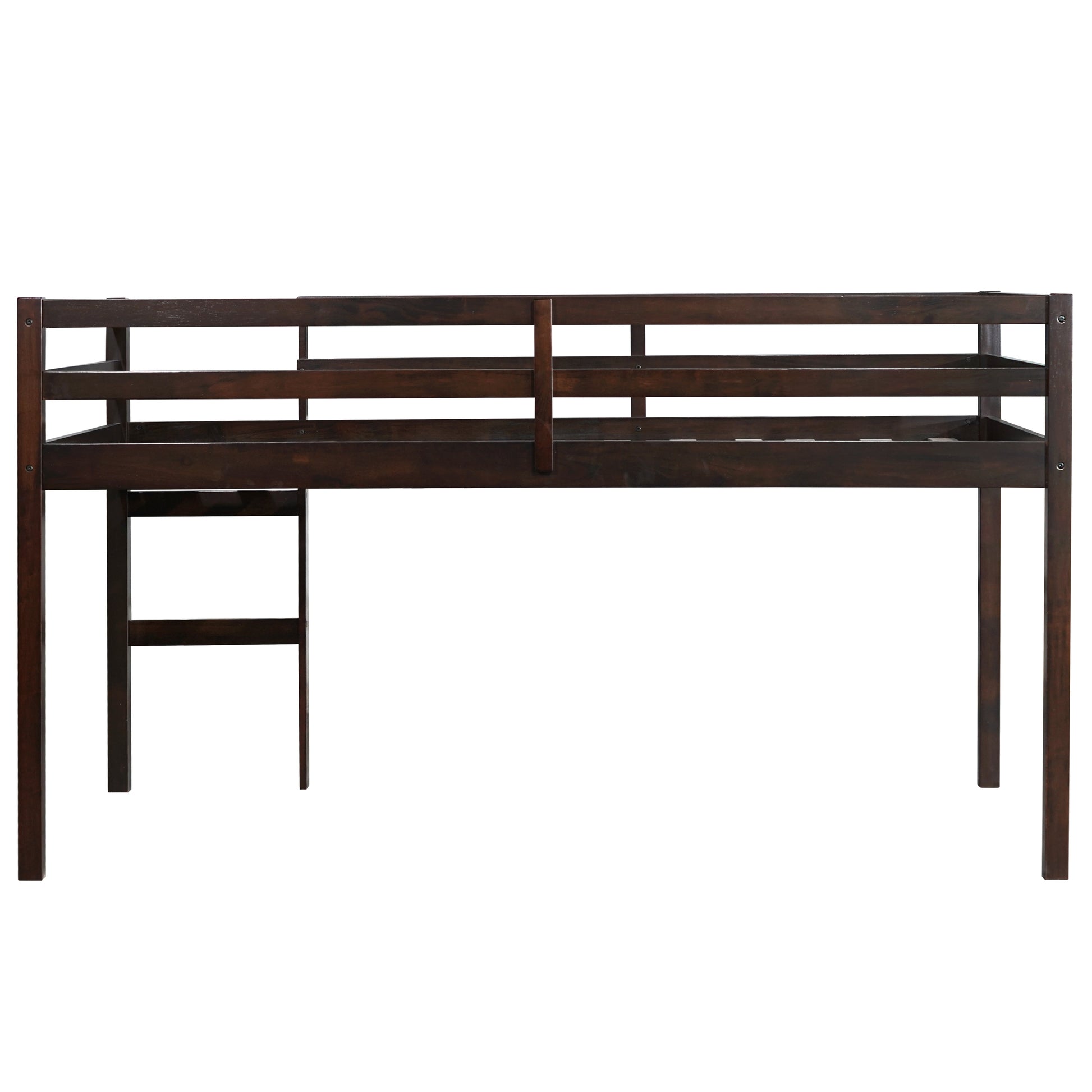 Ivara espresso twin size low loft bed side view on white background