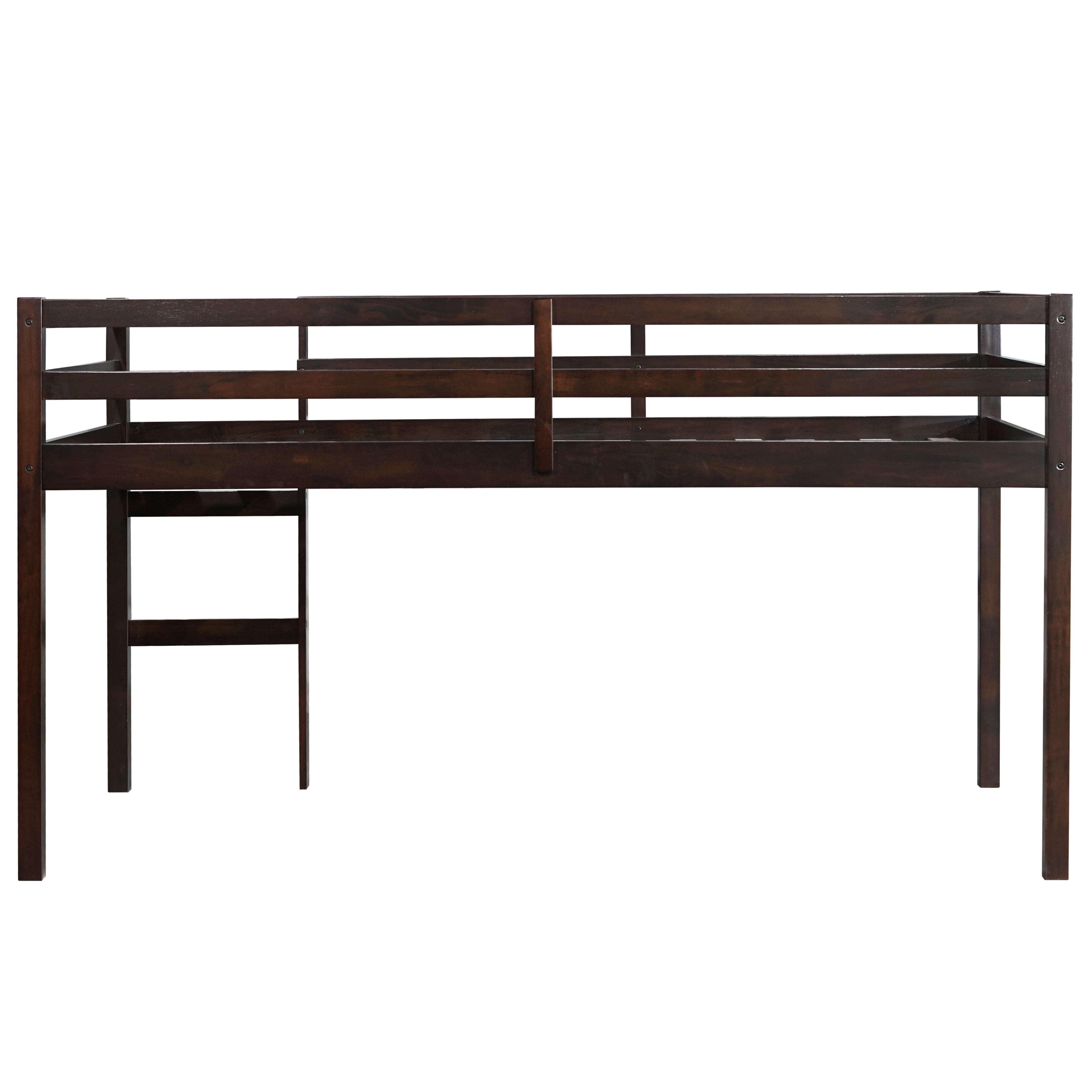 Ivara espresso twin size low loft bed side view on white background