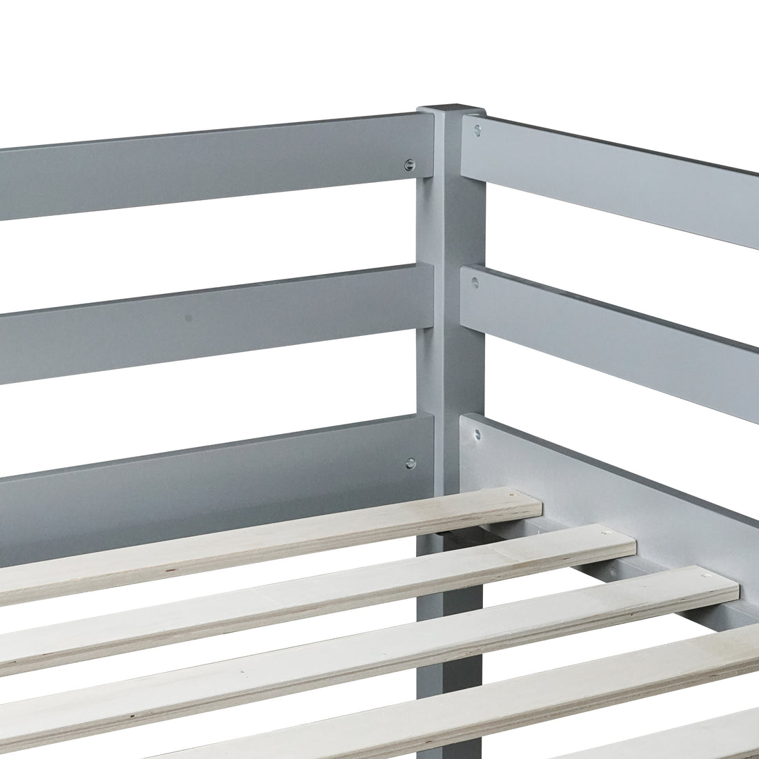 Ivara grey low loft bed showing full-length guardrails and slat detail