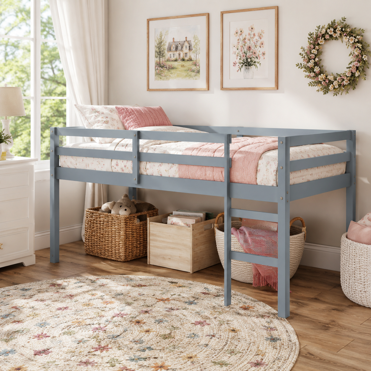 Ivara grey twin size low loft bed in a bright kids bedroom with basketball decor