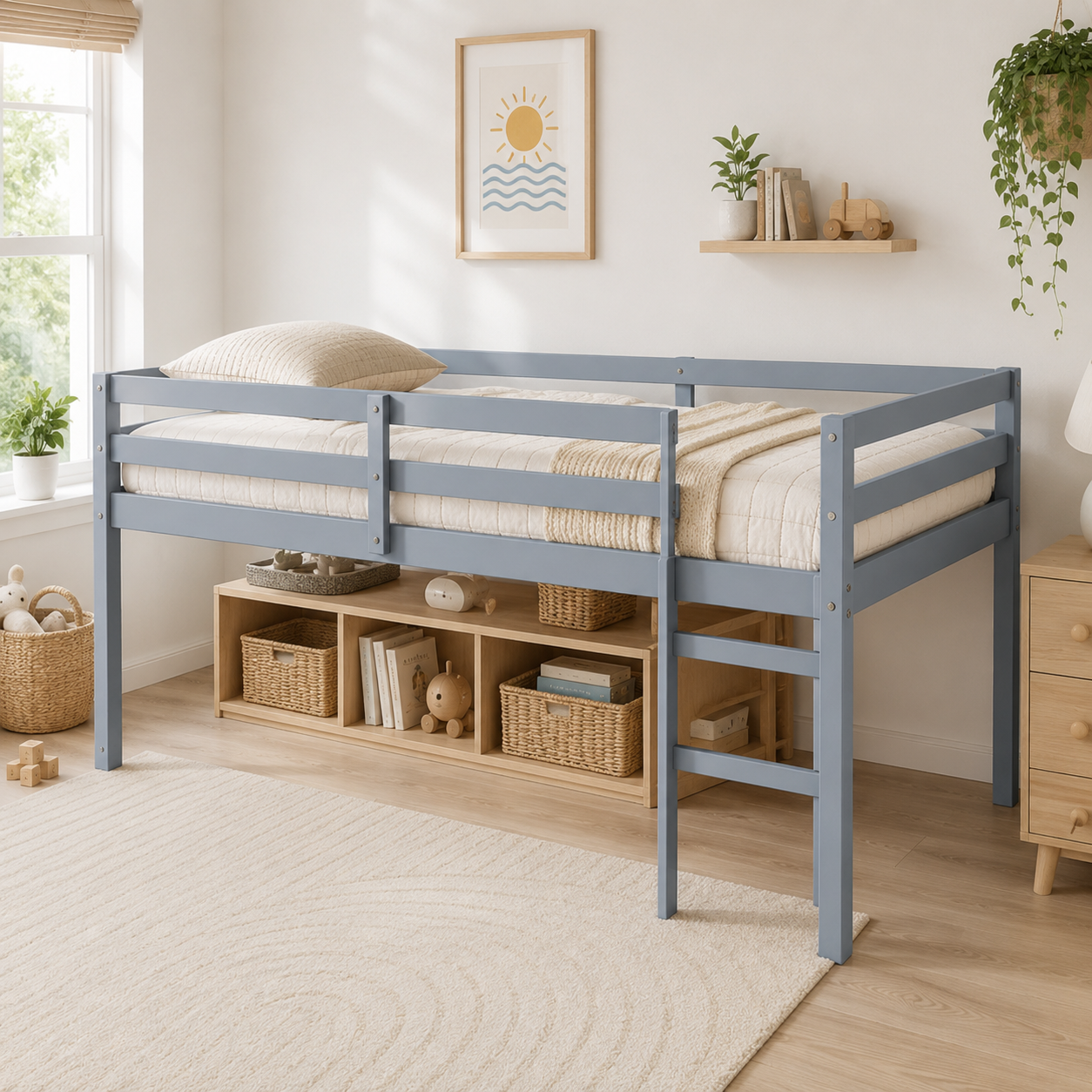 Ivara grey twin size low loft bed in a cozy room with toys and underbed space