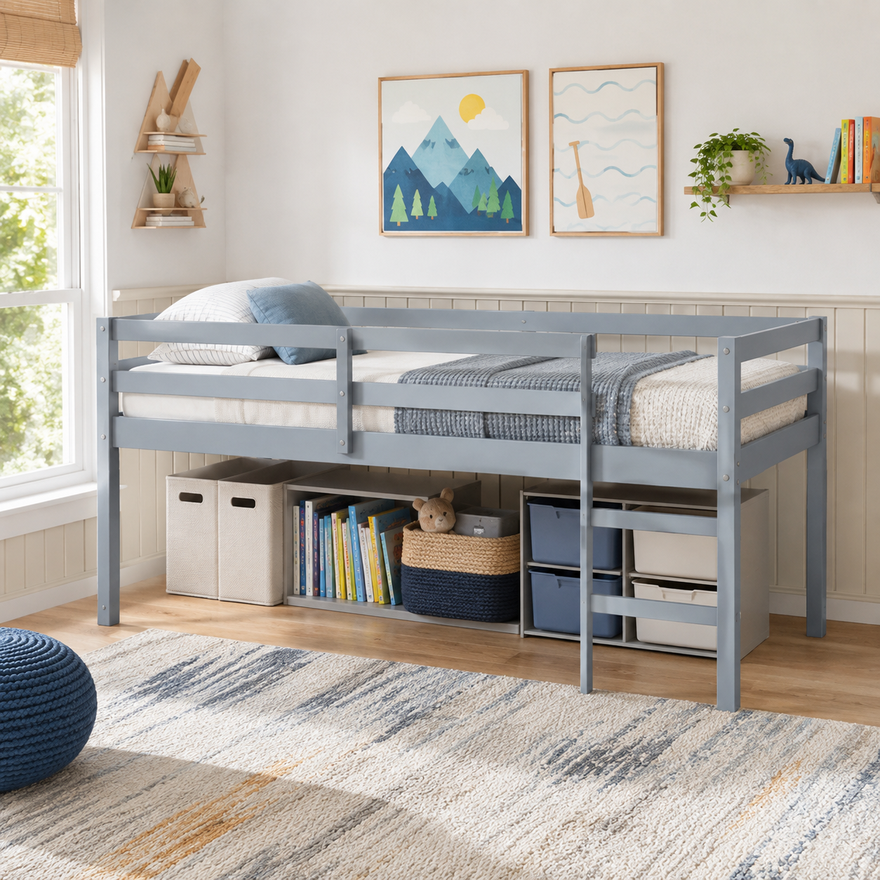 Ivara grey twin size low loft bed in a sunlit bedroom with light bedding