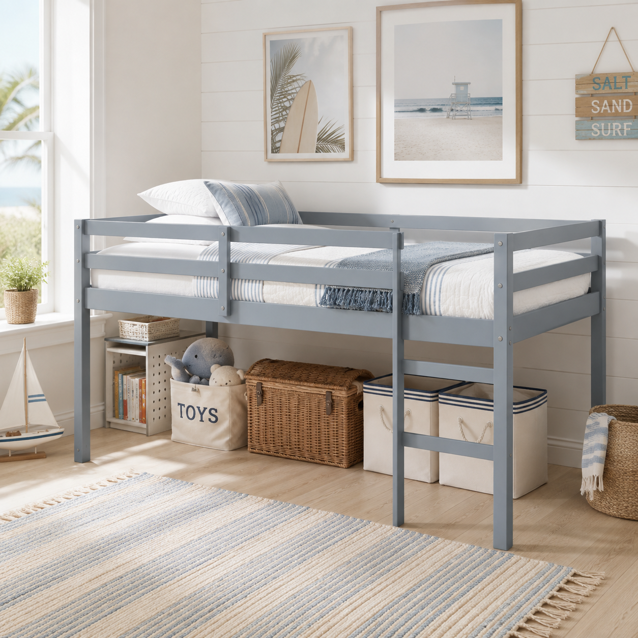 Ivara grey twin size low loft bed in a sunlit bedroom with light bedding