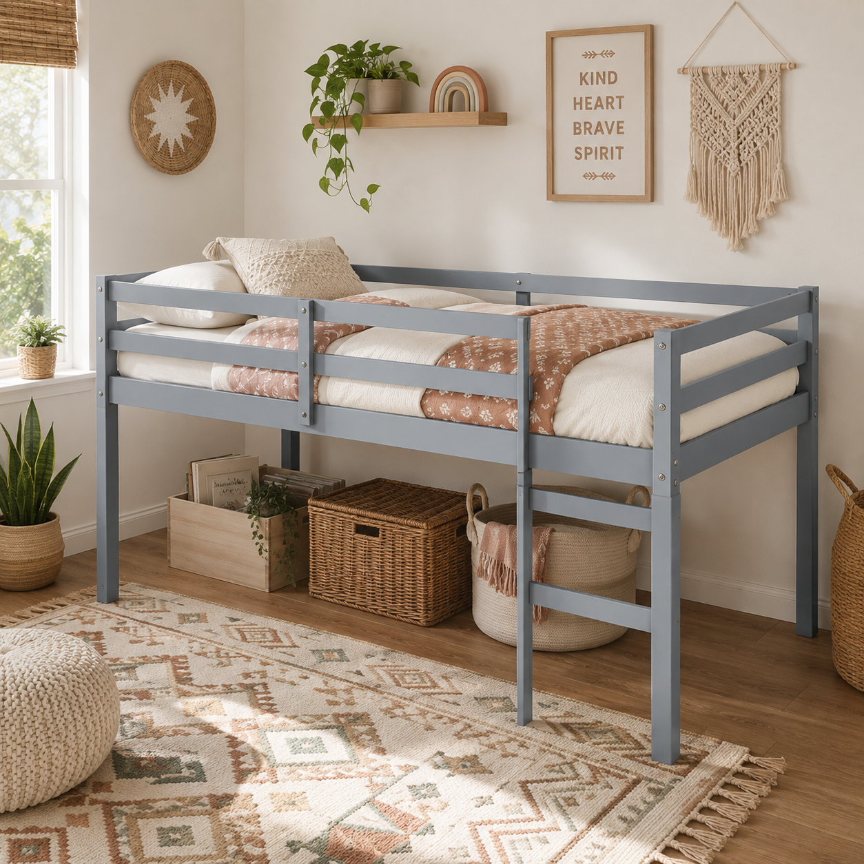 Ivara grey twin size low loft bed in a sunlit bedroom with light bedding