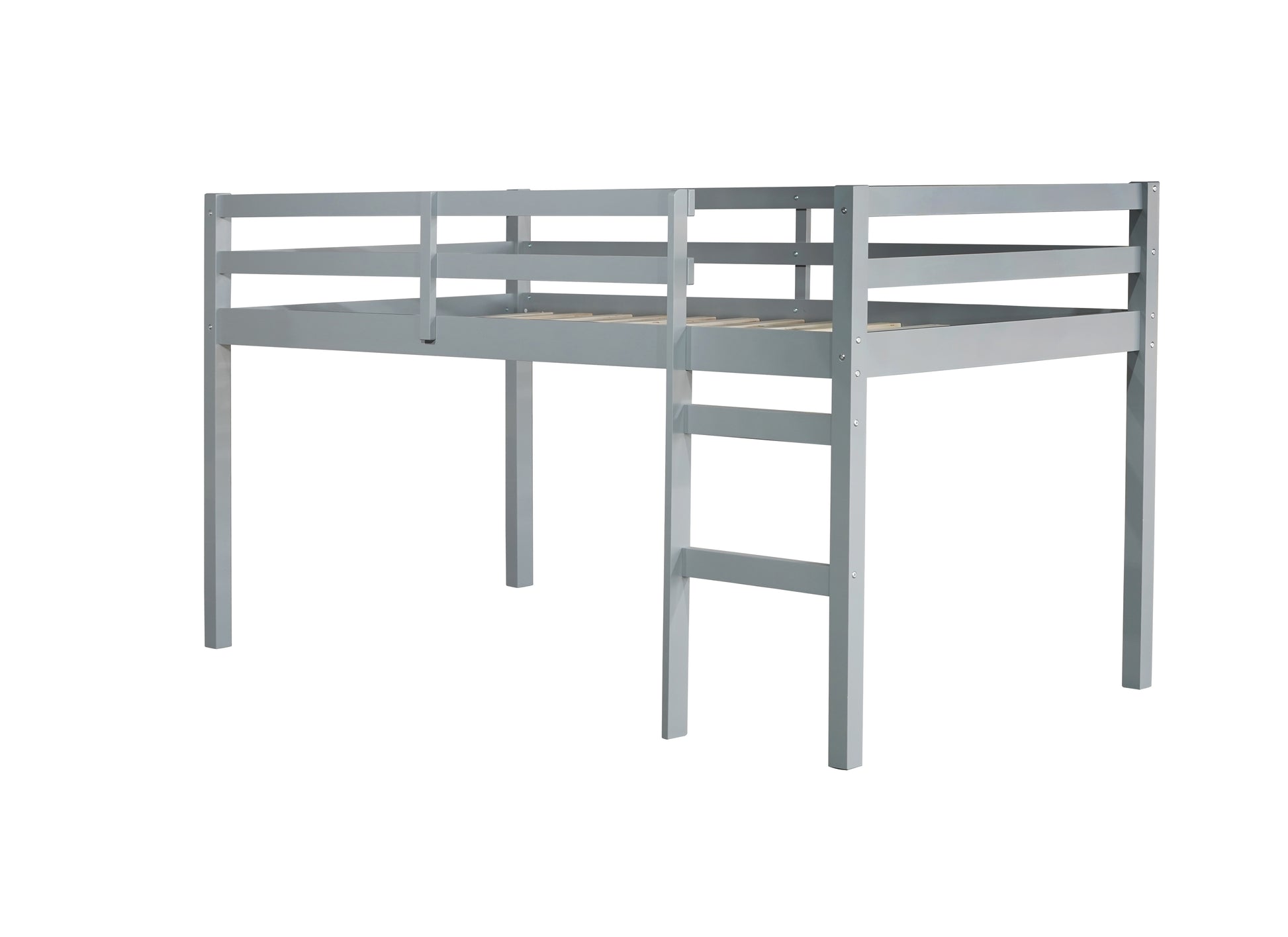 Ivara grey twin size low loft bed angled view on white background