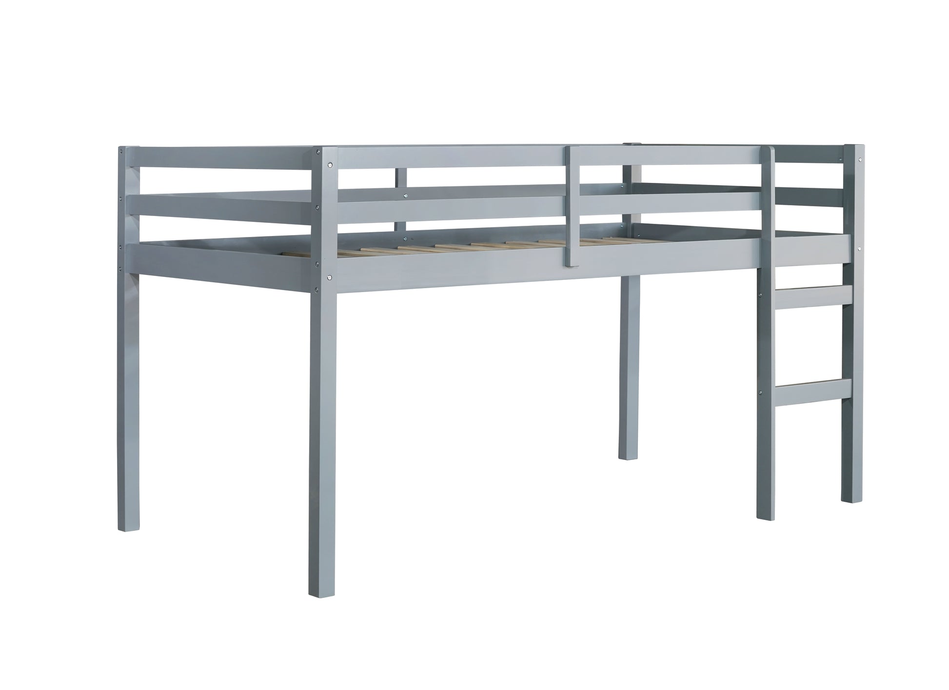 Ivara grey twin size low loft bed angled view on white background