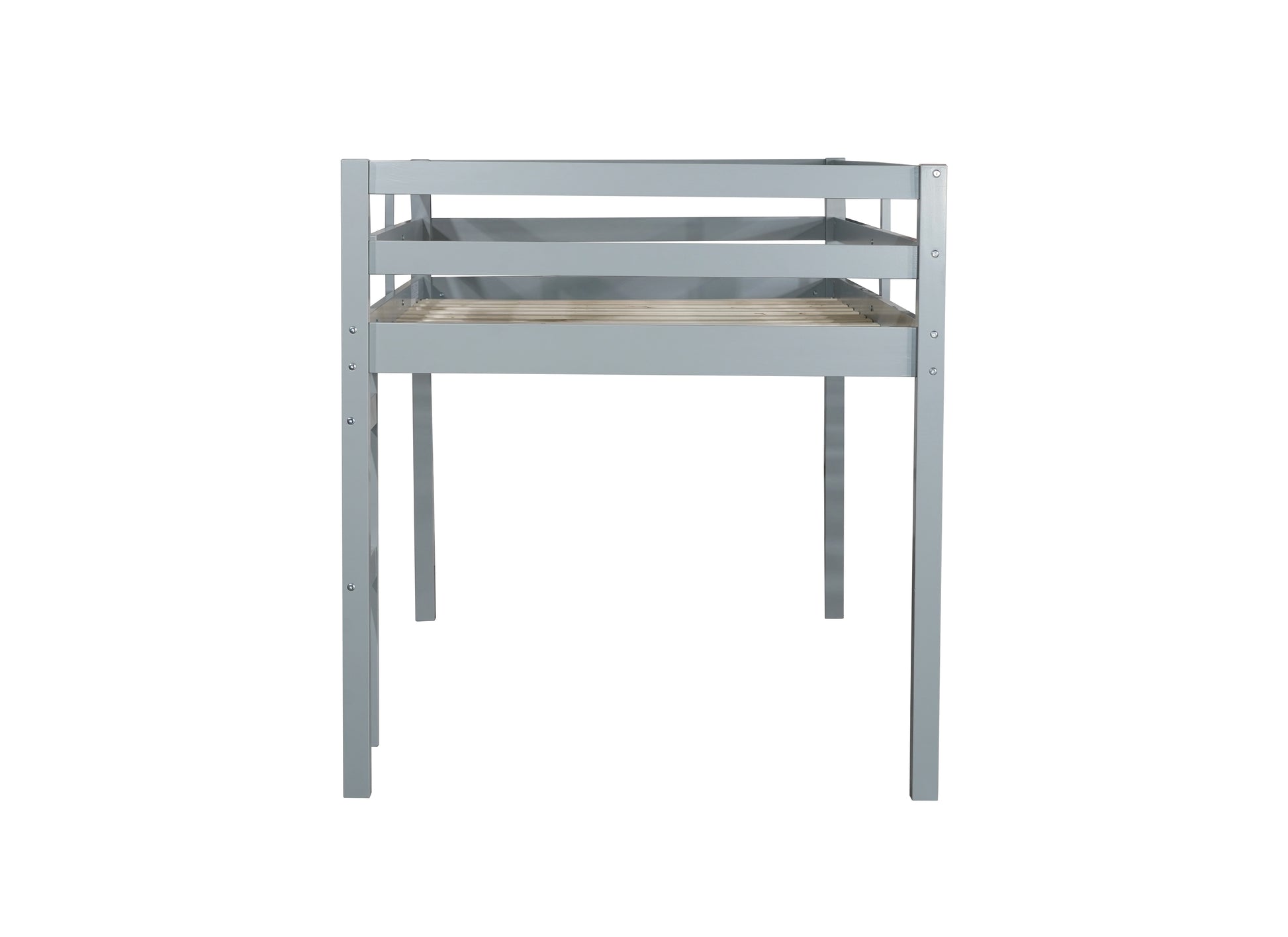 Ivara grey twin size low loft bed side view on white background