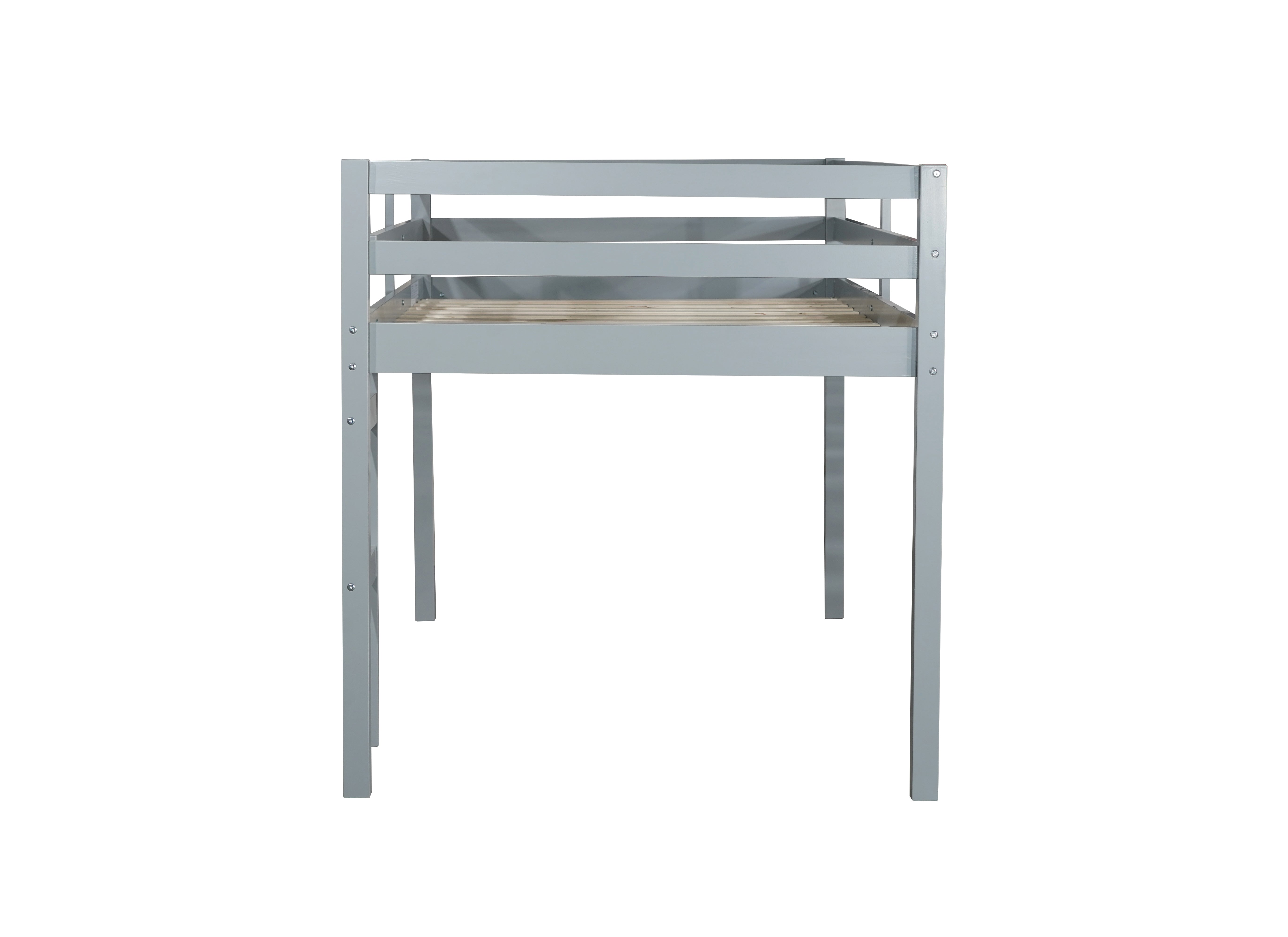 Ivara grey twin size low loft bed side view on white background