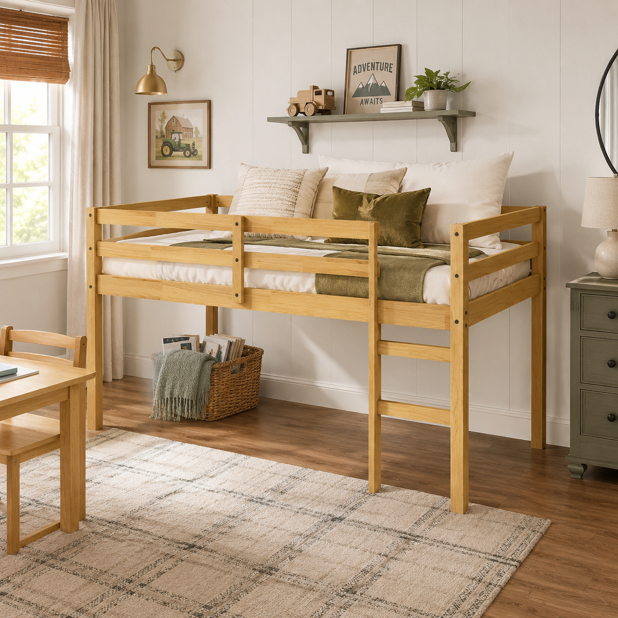 Ivara natural twin size low loft bed in a bright bedroom with soft neutral bedding