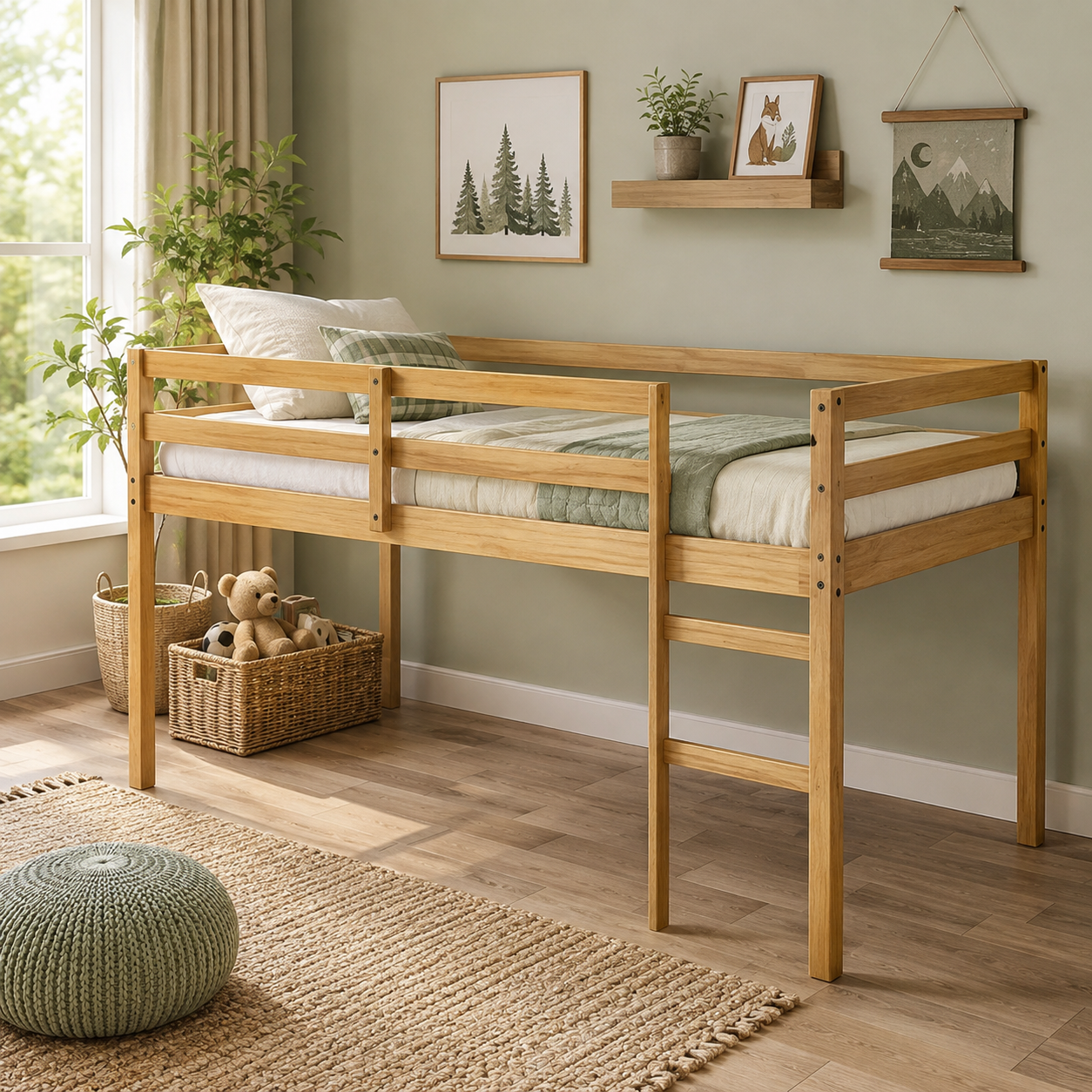 Ivara natural twin size low loft bed in a cozy room with framed art and wood flooring