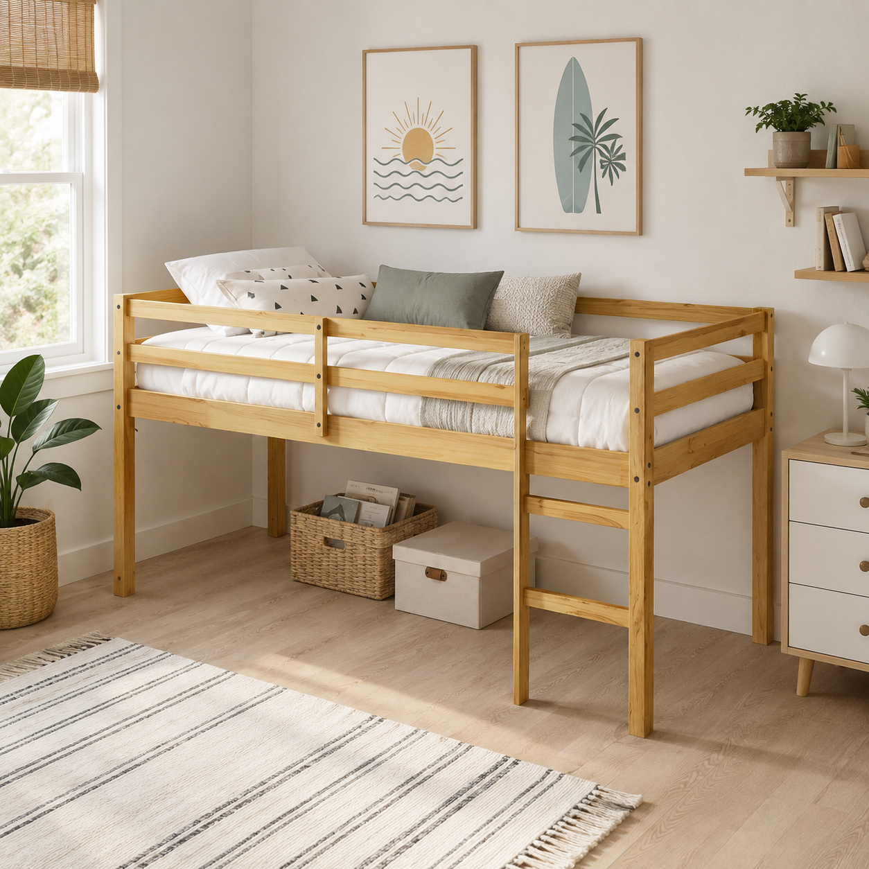 Ivara natural twin size low loft bed in a warm bedroom with full-length guardrails