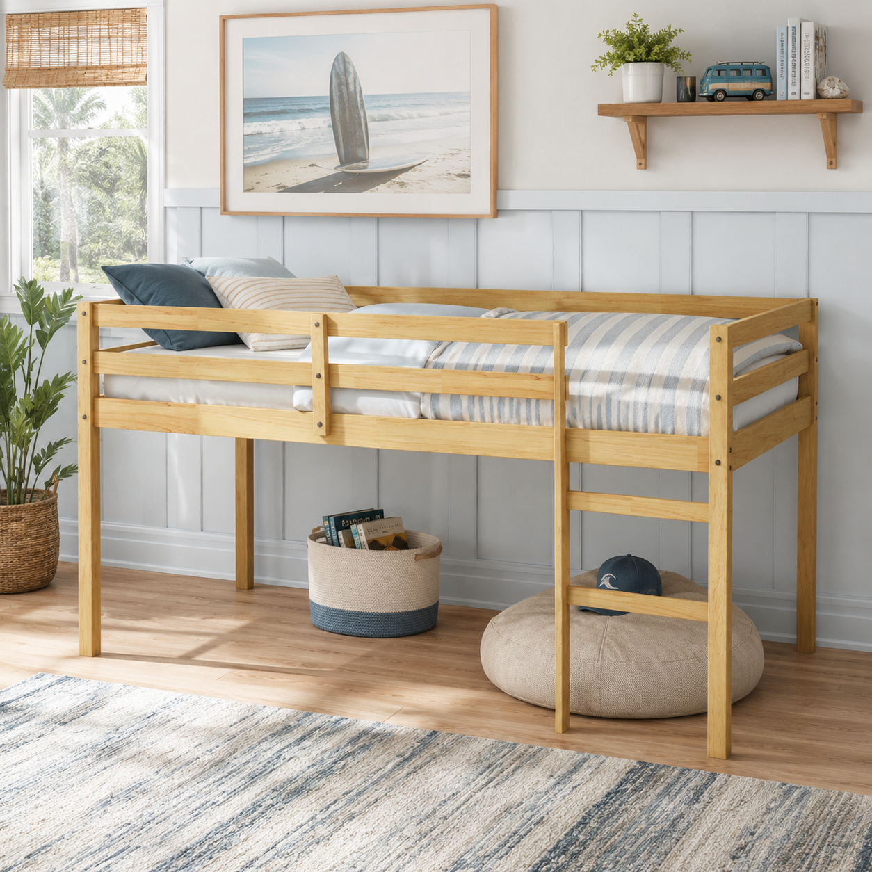 Ivara natural twin size low loft bed in a warm bedroom with full-length guardrails