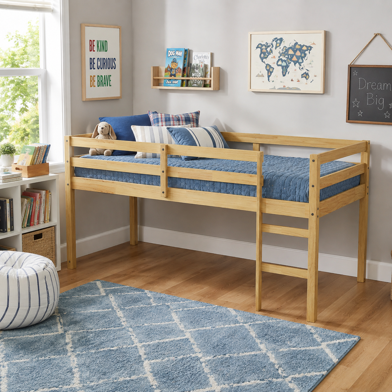 Ivara natural twin size low loft bed in a warm bedroom with full-length guardrails