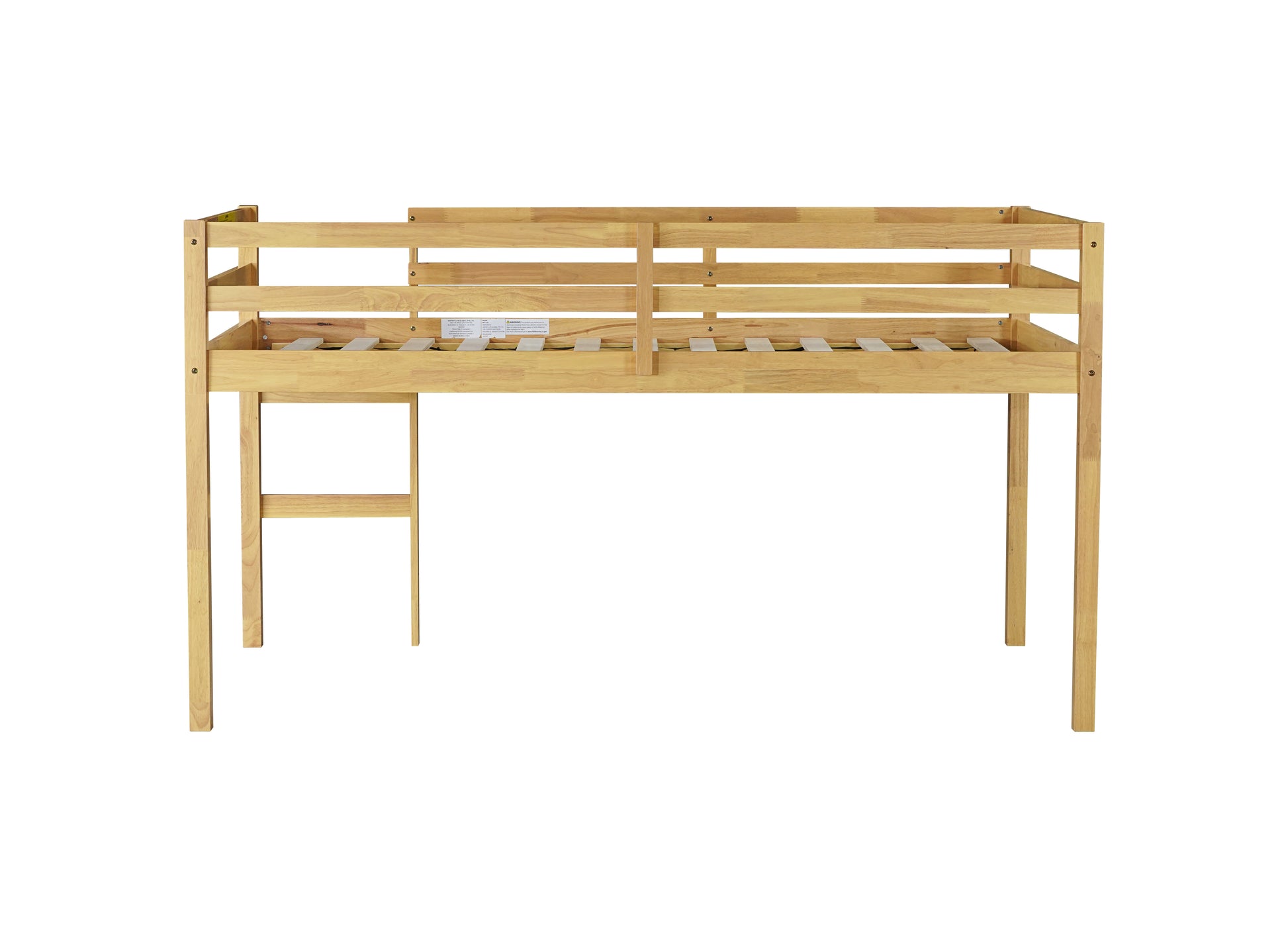 Ivara natural twin size low loft bed rear
  view on white background