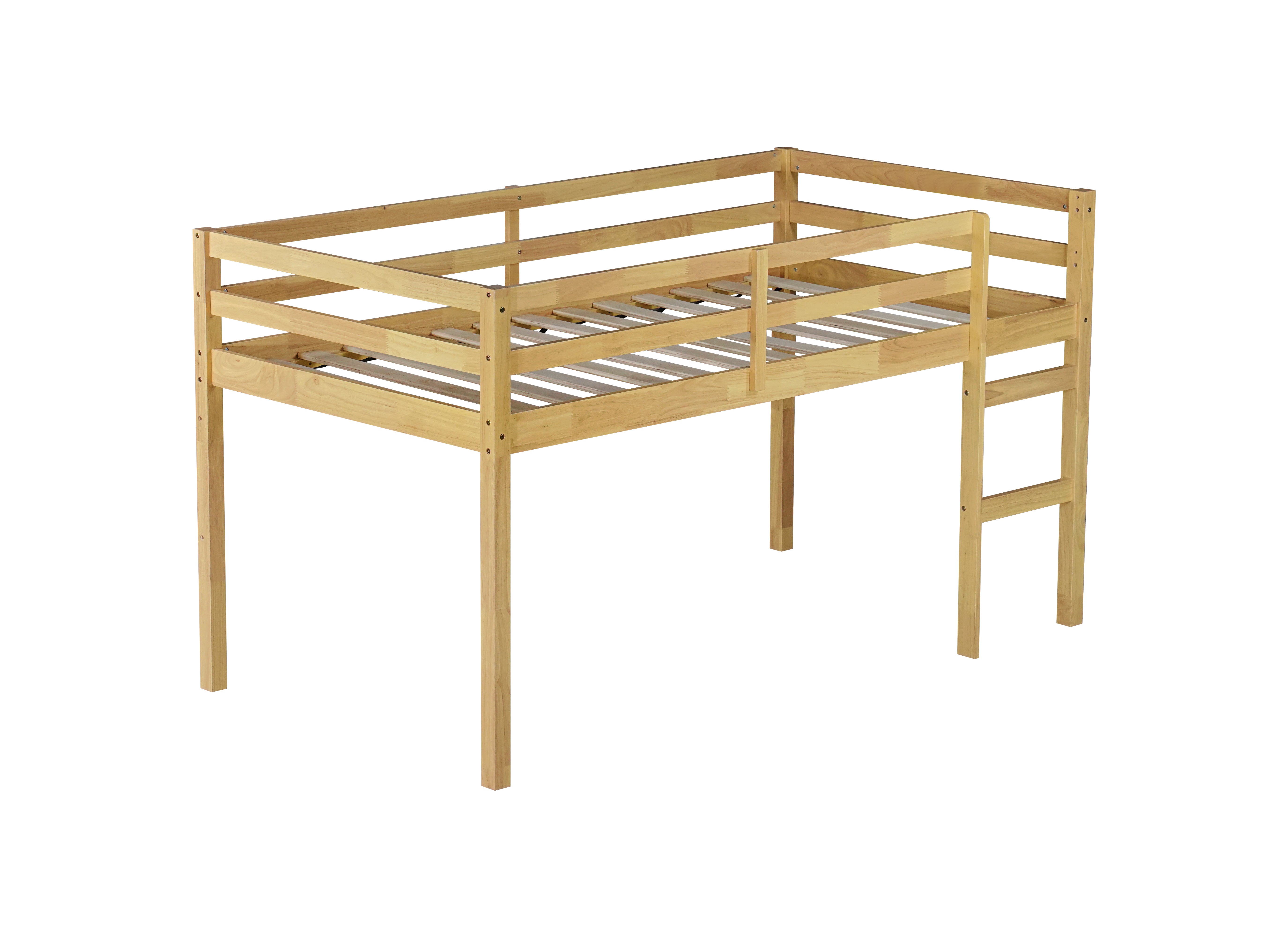 Ivara natural twin size low loft bed angled view on white background