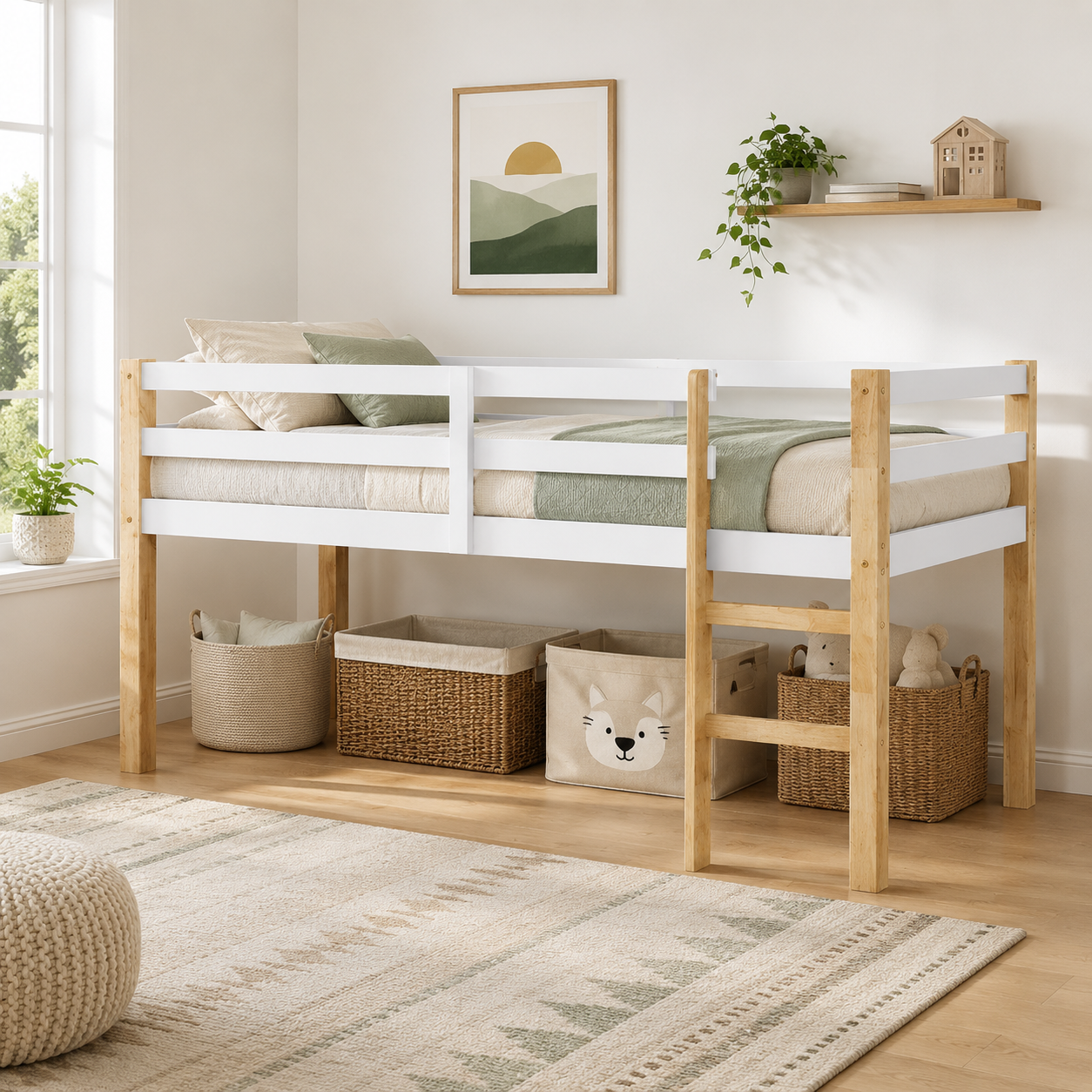 Ivara oak with white twin size low loft bed in a bright bedroom with light decor