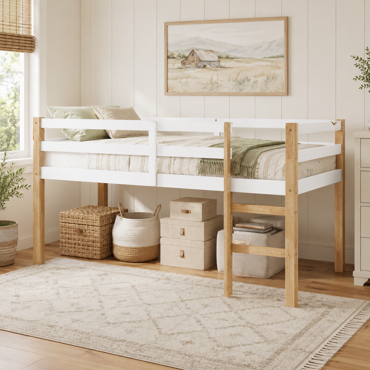 Ivara oak with white twin size low loft bed in a cozy bedroom with neutral bedding