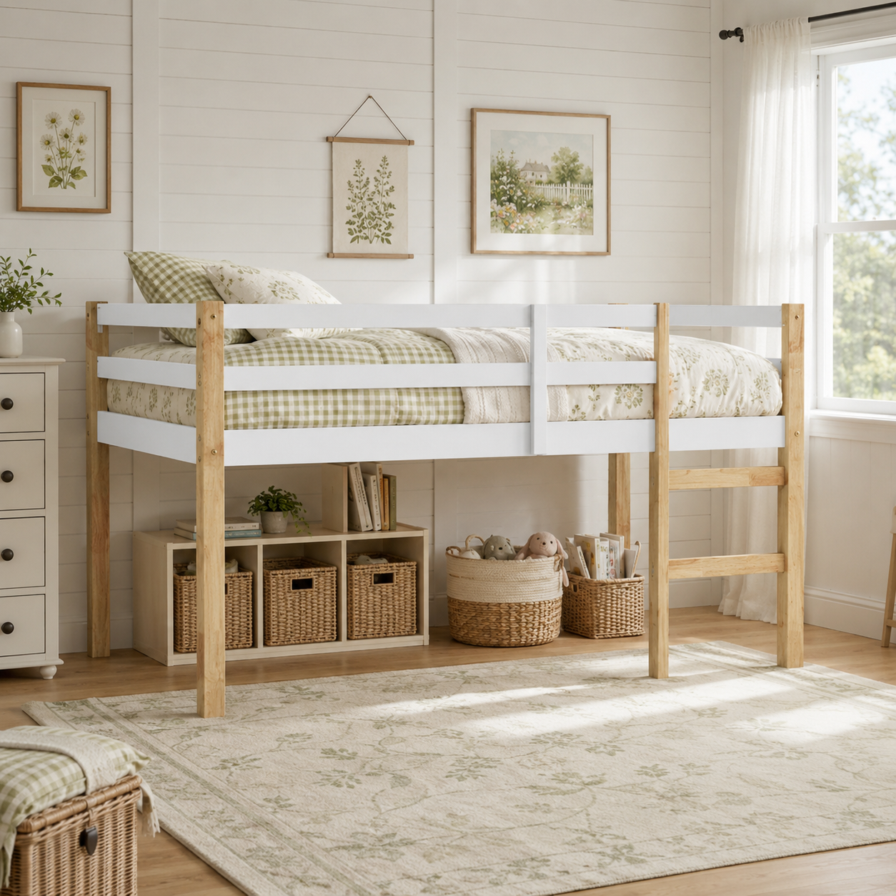 Ivara oak with white twin size low loft bed in a sunlit room with framed wall art