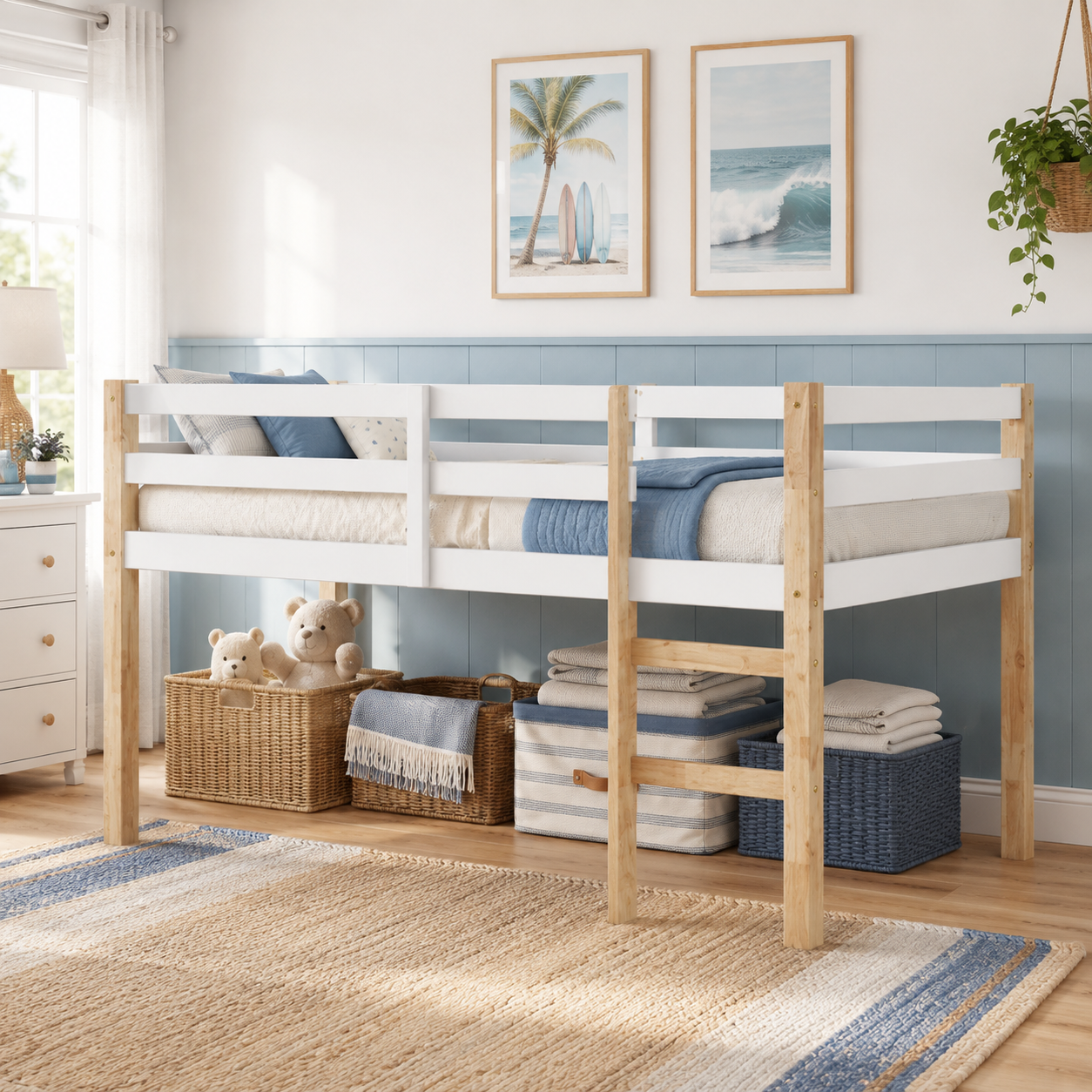 Ivara oak with white twin size low loft bed in a sunlit room with framed wall art